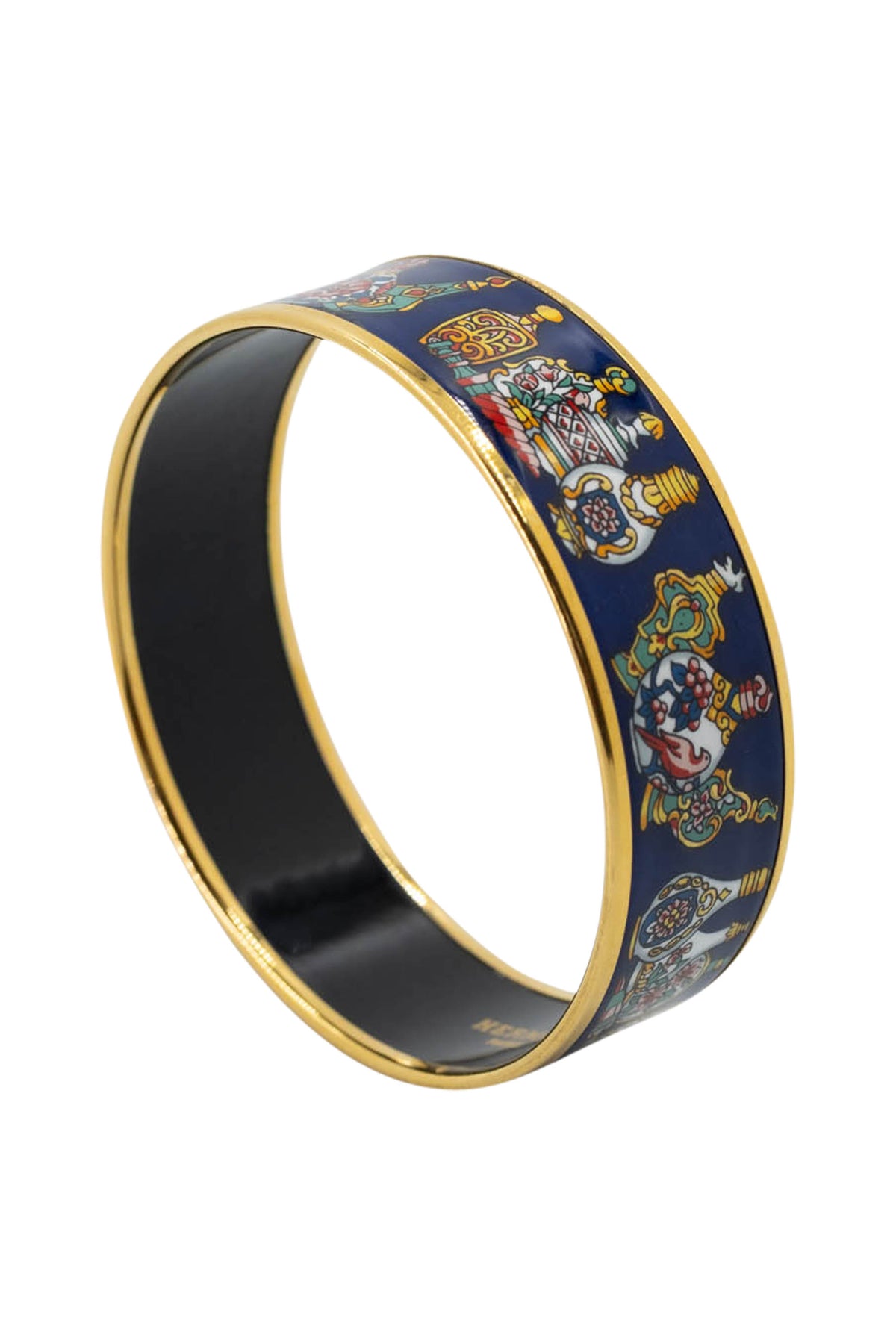 Hermes Vintage Navy Flacons Perfume Bottles Enamel Bangle With Gold Trim