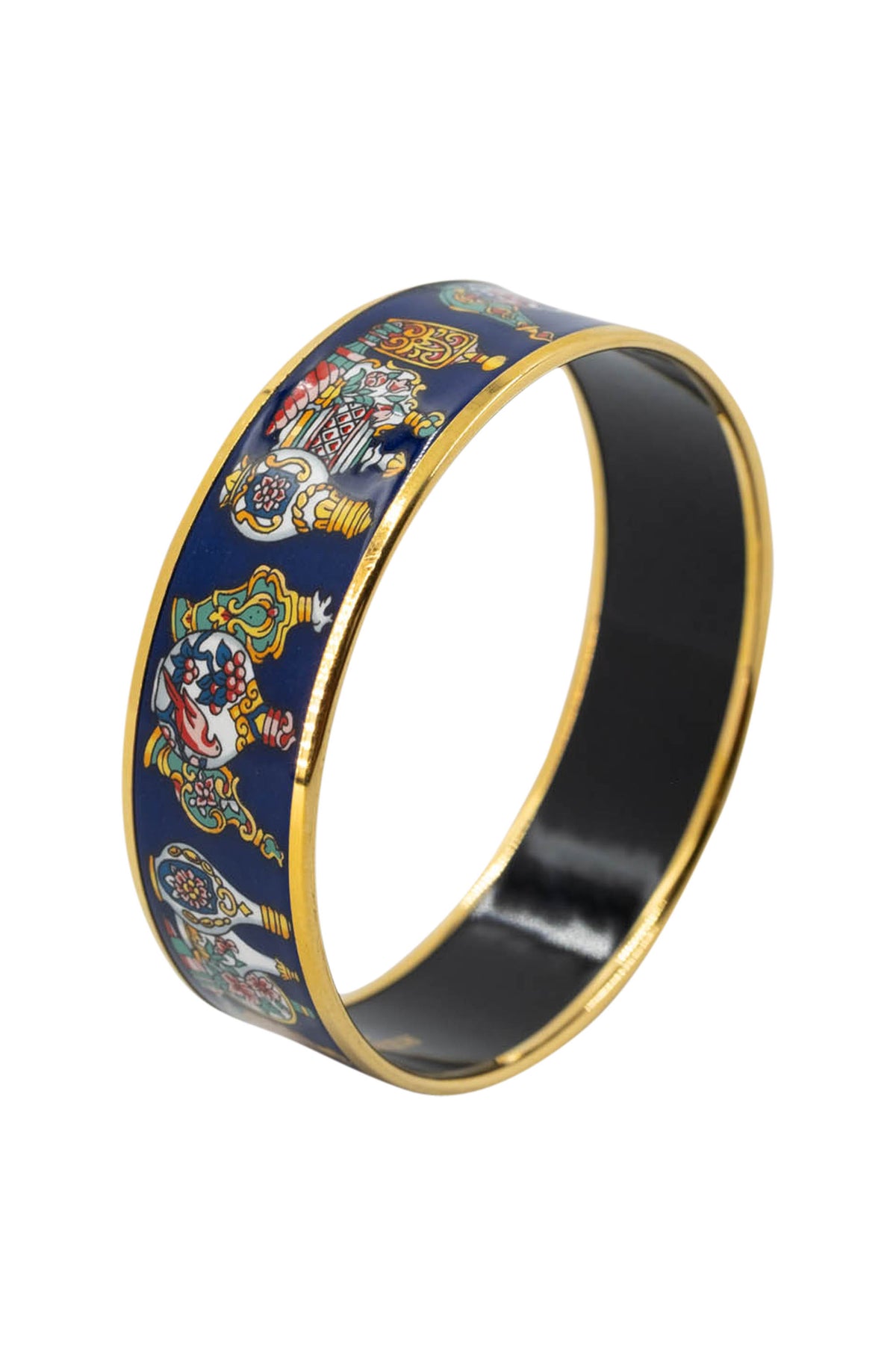 Hermes Vintage Navy Flacons Perfume Bottles Enamel Bangle With Gold Trim