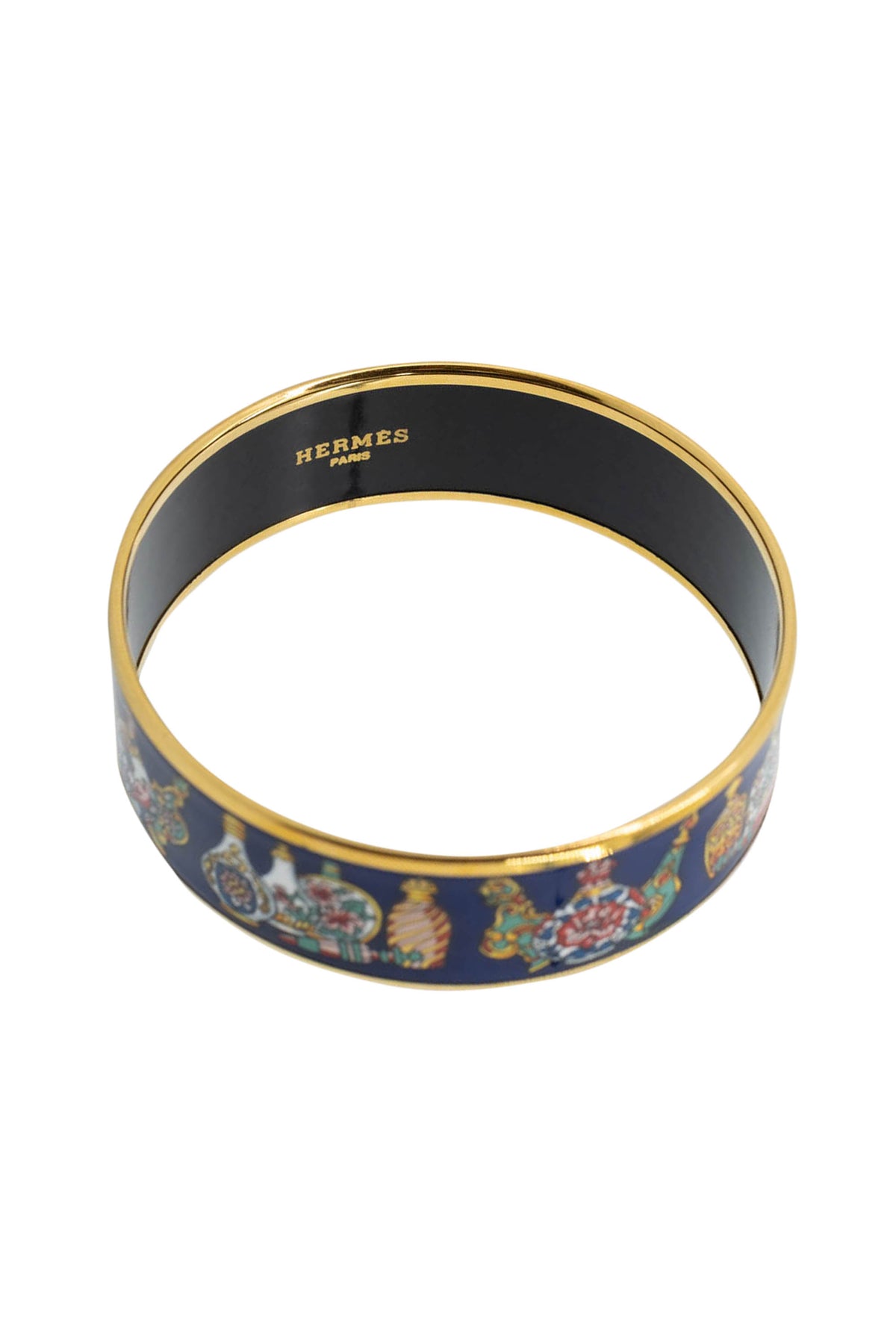 Hermes Vintage Navy Flacons Perfume Bottles Enamel Bangle With Gold Trim