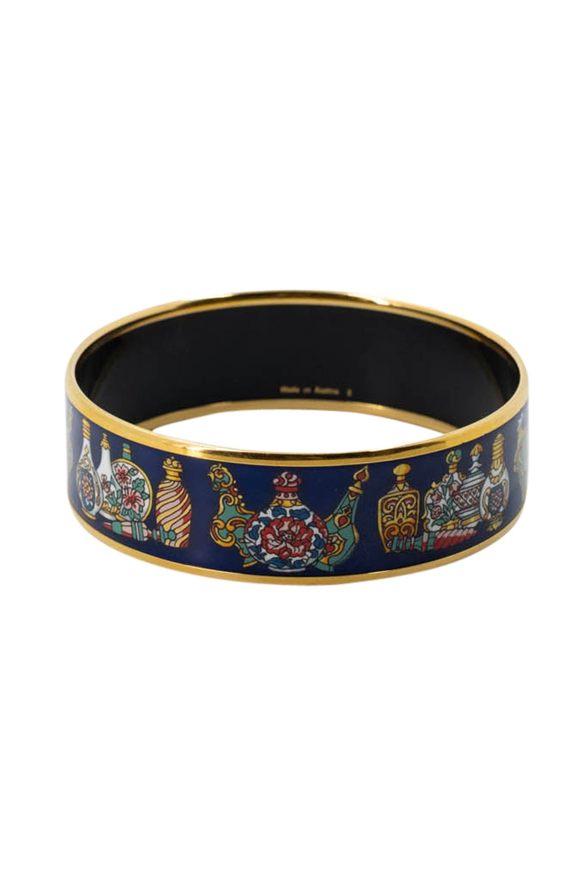 Hermes Vintage Navy Flacons Perfume Bottles Enamel Bangle With Gold Trim