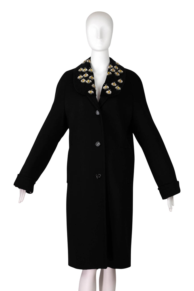 Gucci Black Wool Coat with Detachable Crystal Bee Collar Size 40