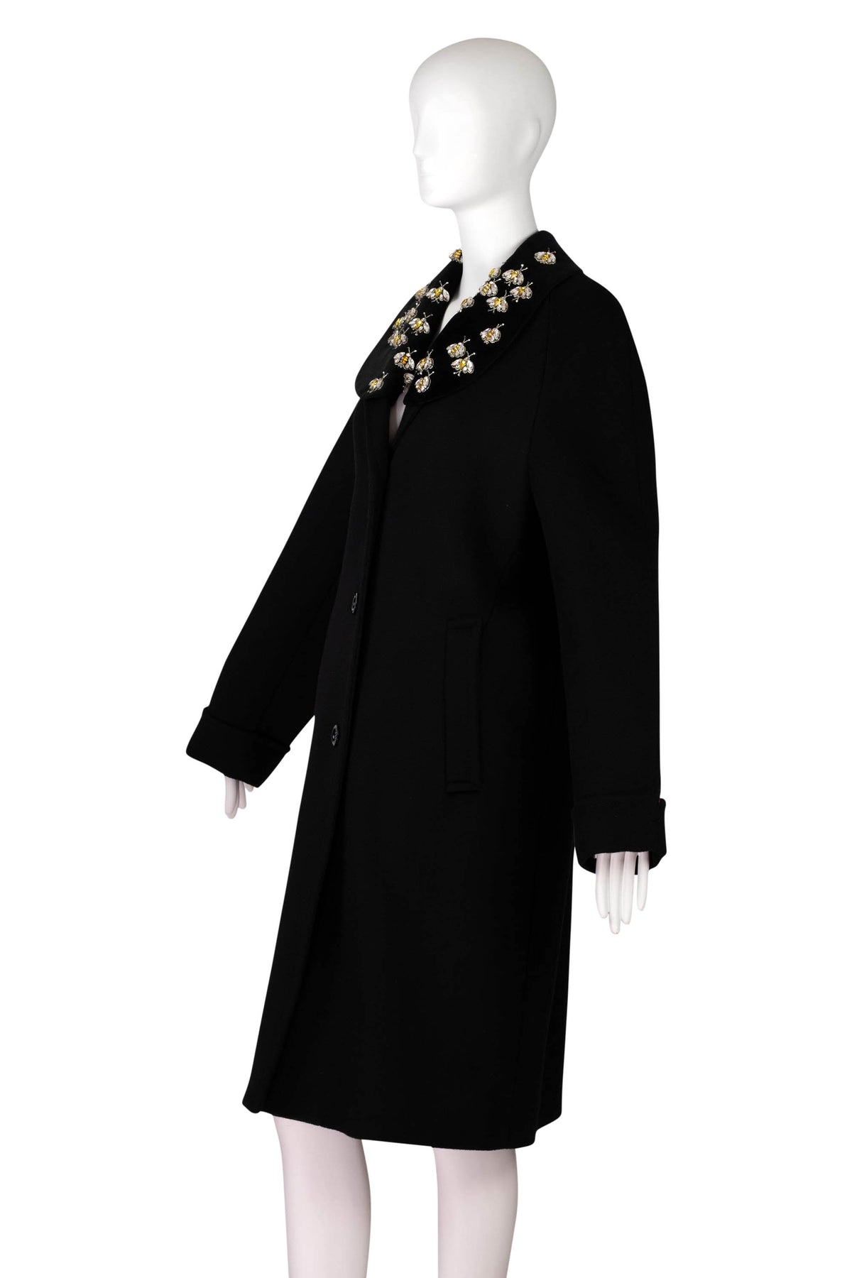Gucci Black Wool Coat with Detachable Crystal Bee Collar Size 40