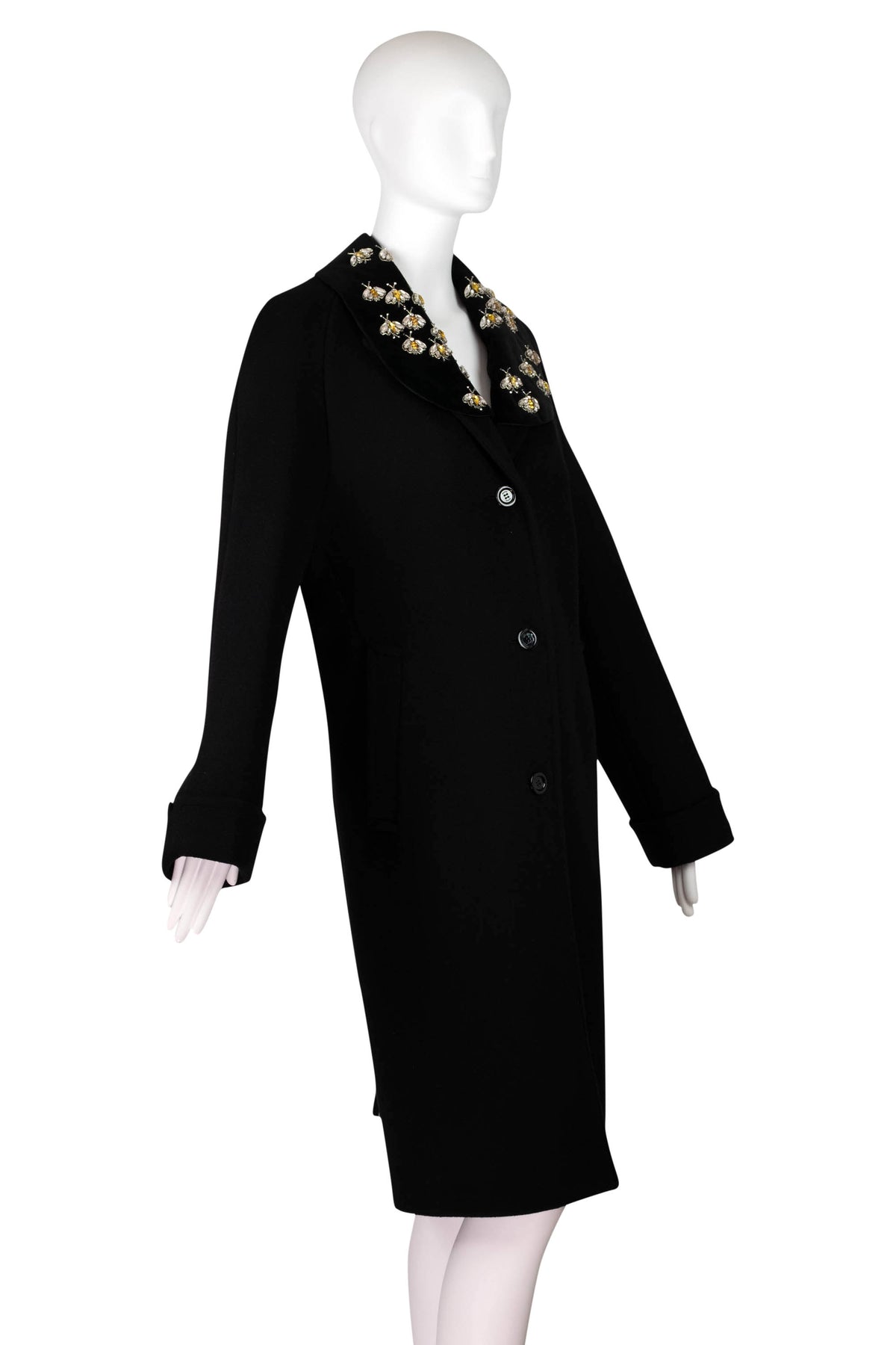 Gucci Black Wool Coat with Detachable Crystal Bee Collar Size 40