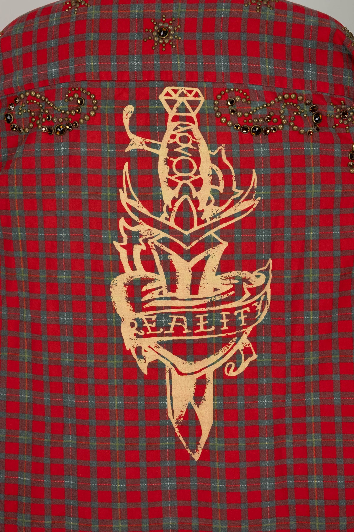 The Great China Wall Red and Green Plaid Crystal Embellished Button Up Top