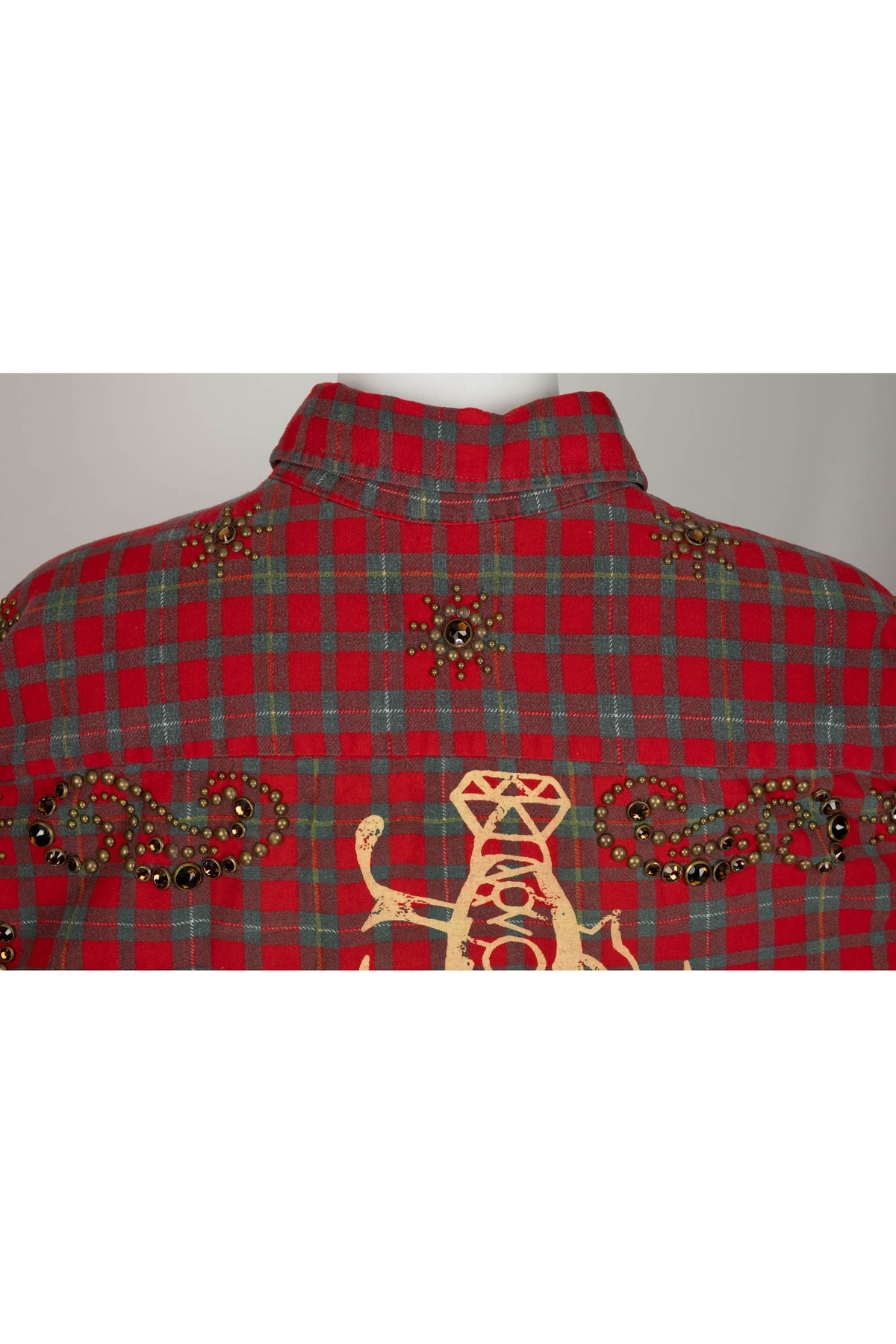 The Great China Wall Red and Green Plaid Crystal Embellished Button Up Top