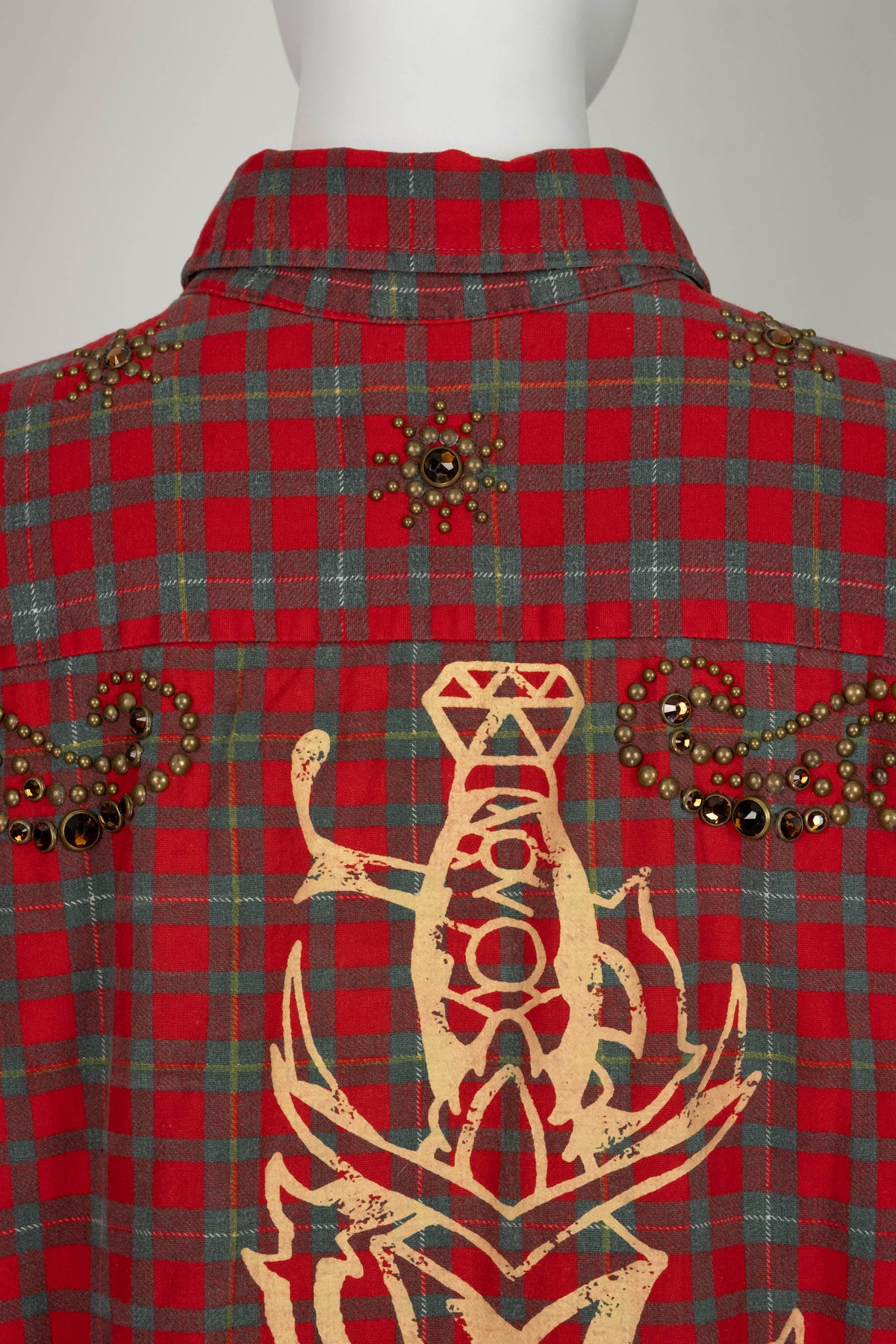 The Great China Wall Red and Green Plaid Crystal Embellished Button Up Top