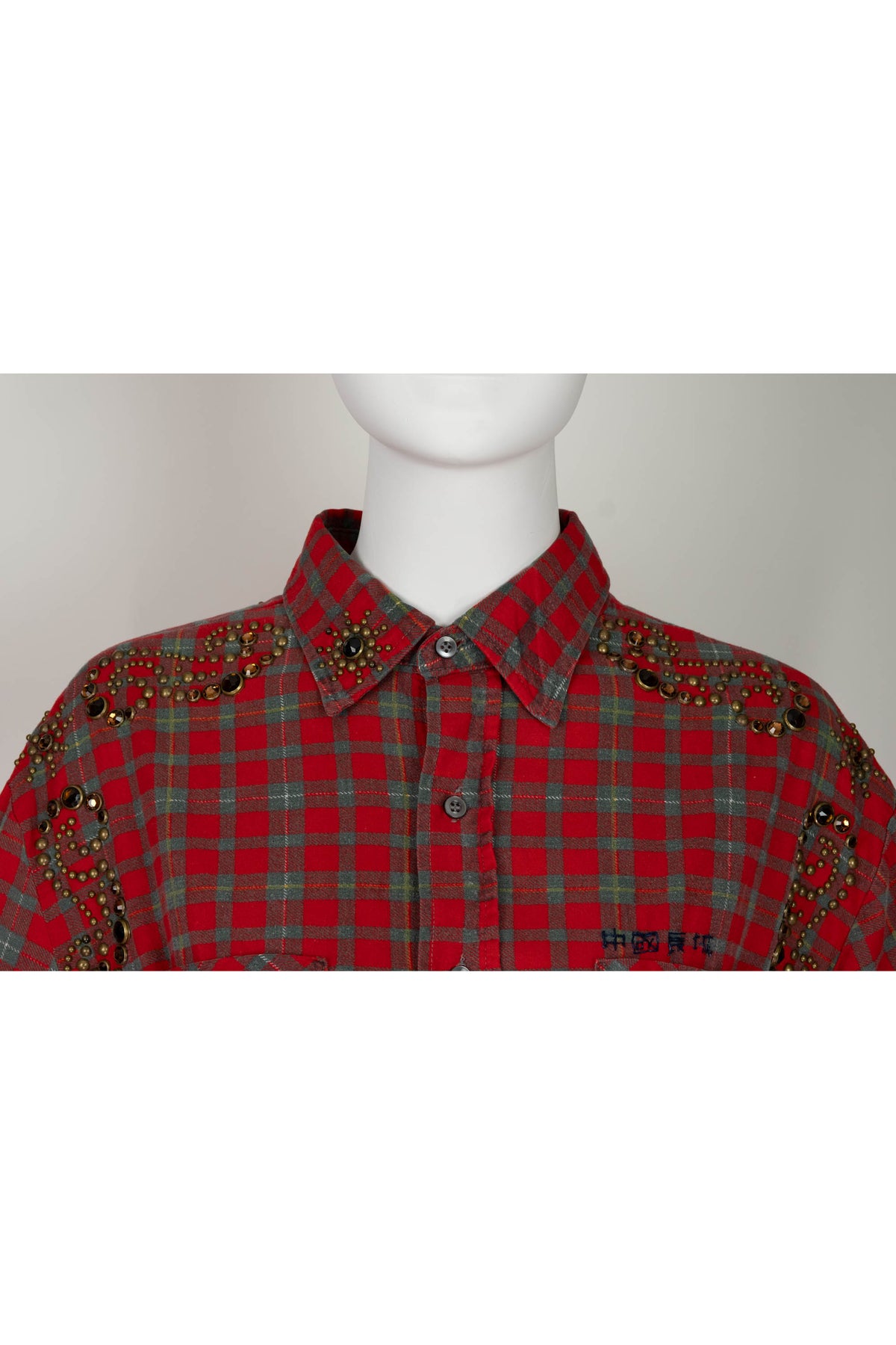 The Great China Wall Red and Green Plaid Crystal Embellished Button Up Top