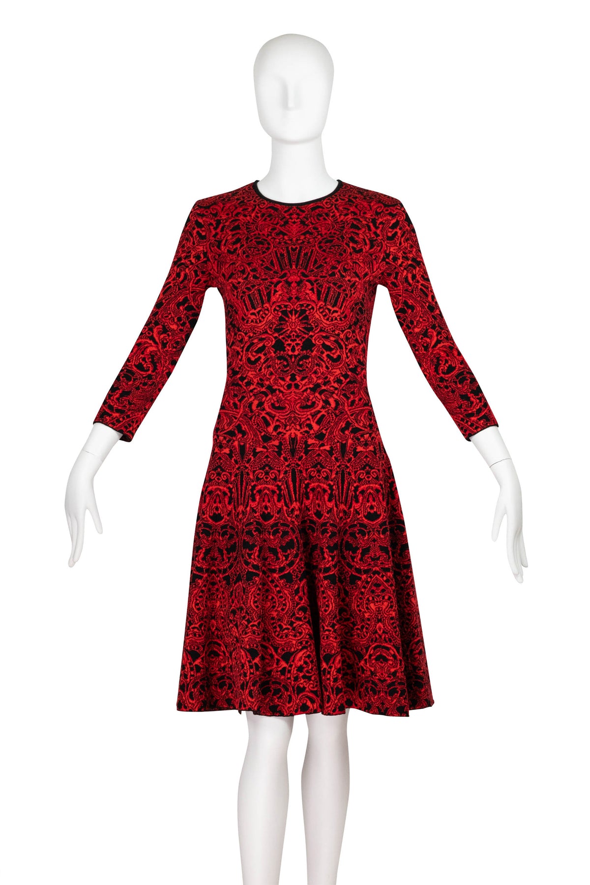 Alexander McQueen Red and Black Gothic Pattern Fit and Flare Dress Size Small