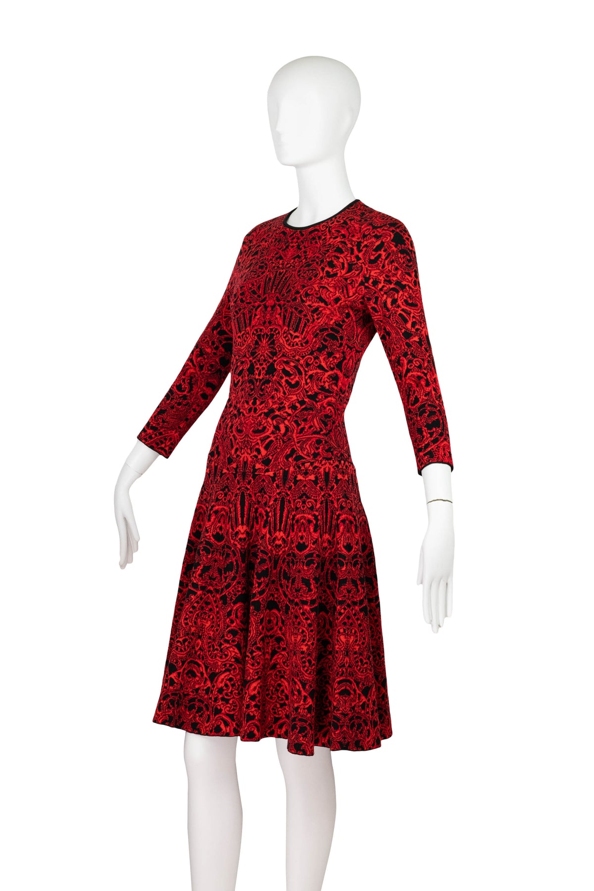 Alexander McQueen Red and Black Gothic Pattern Fit and Flare Dress Size Small