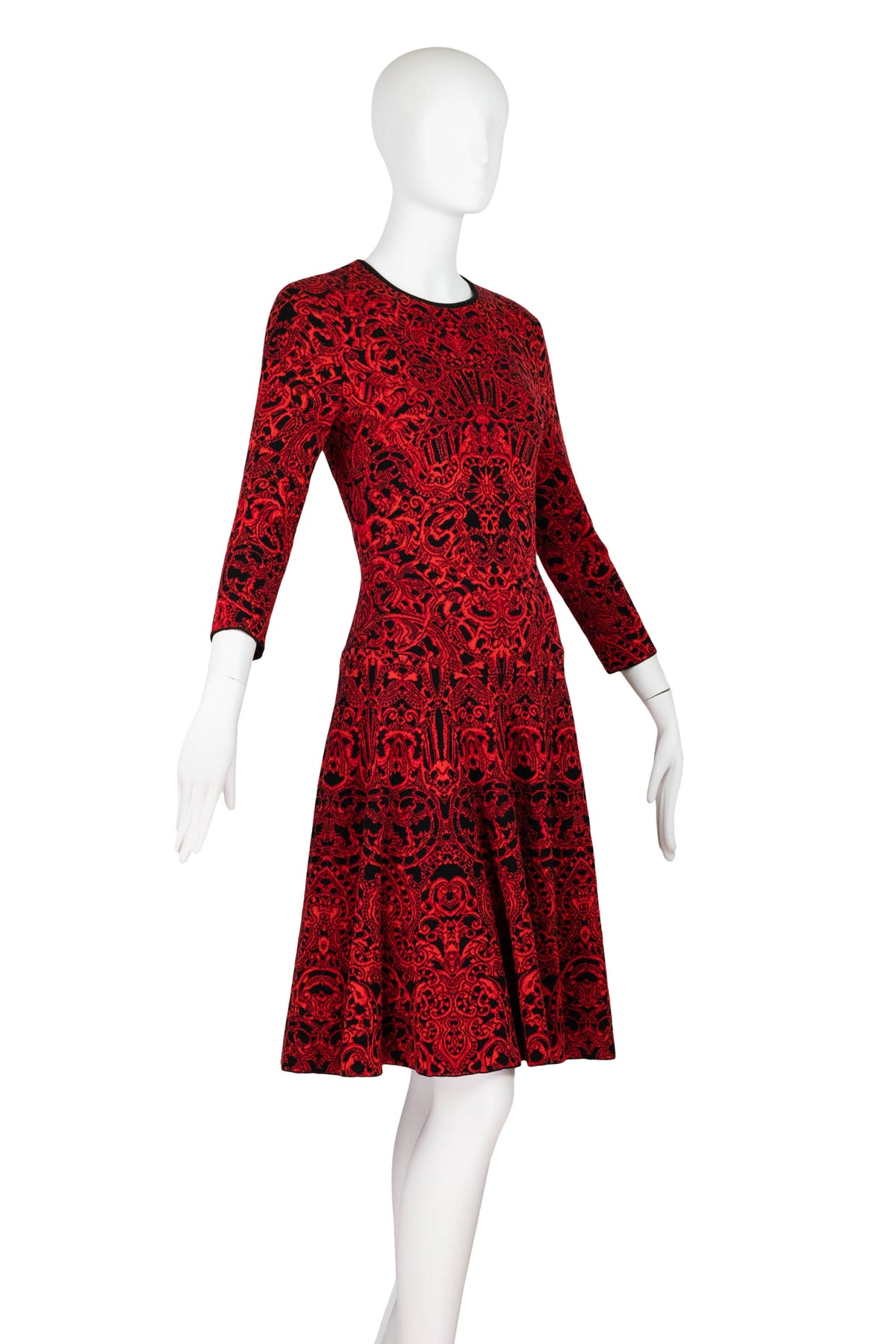 Alexander McQueen Red and Black Gothic Pattern Fit and Flare Dress Size Small