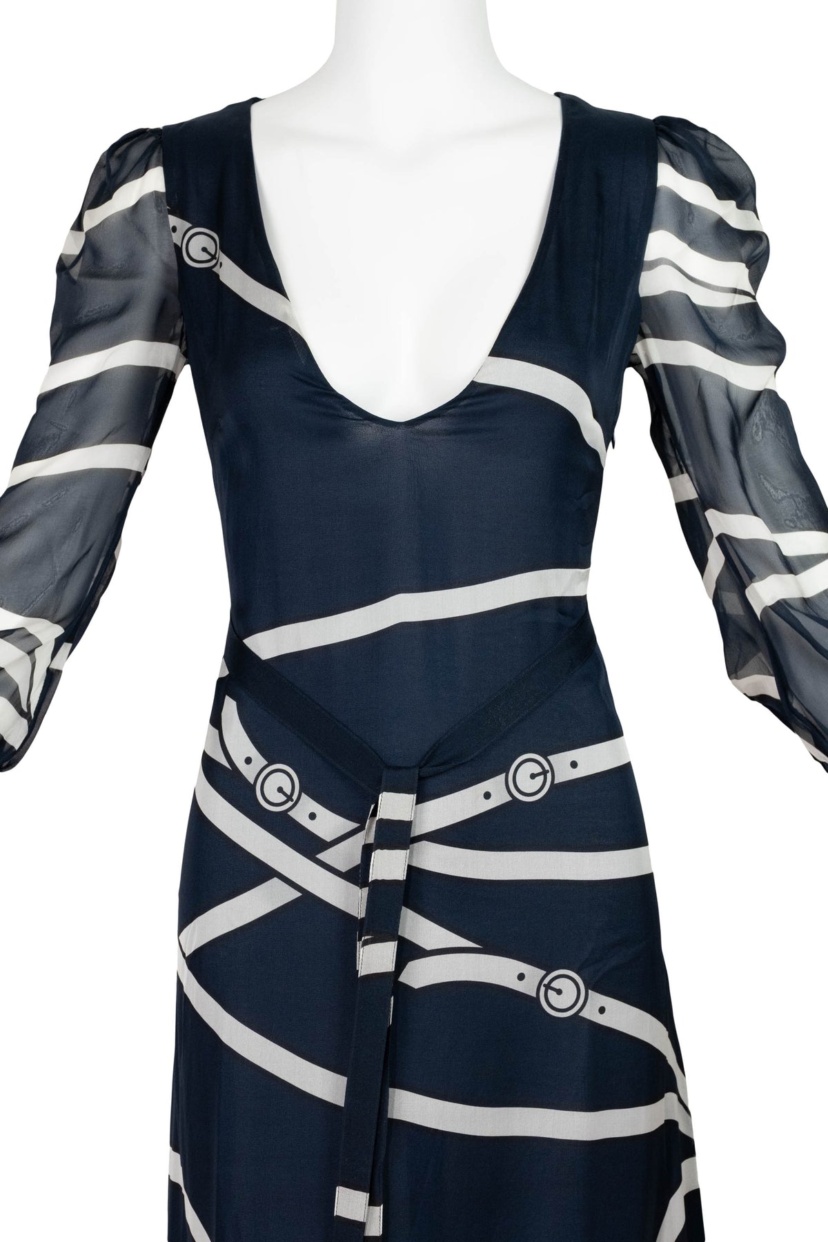 Roberta di Camerino Navy Tromp L&#39;oeil Ribbon 3/4 Sleeveless Maxi Dress 1970s Size M