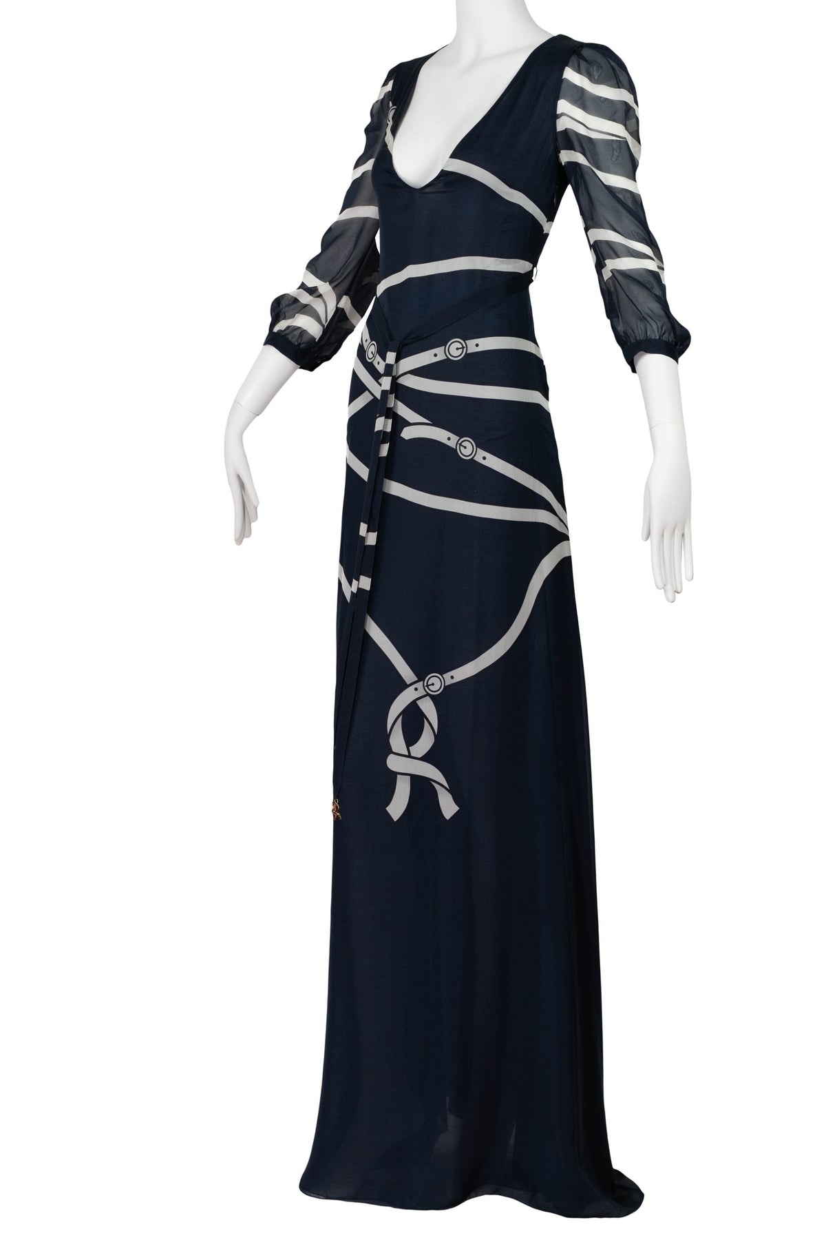 Roberta di Camerino Navy Tromp L&#39;oeil Ribbon 3/4 Sleeveless Maxi Dress 1970s Size M