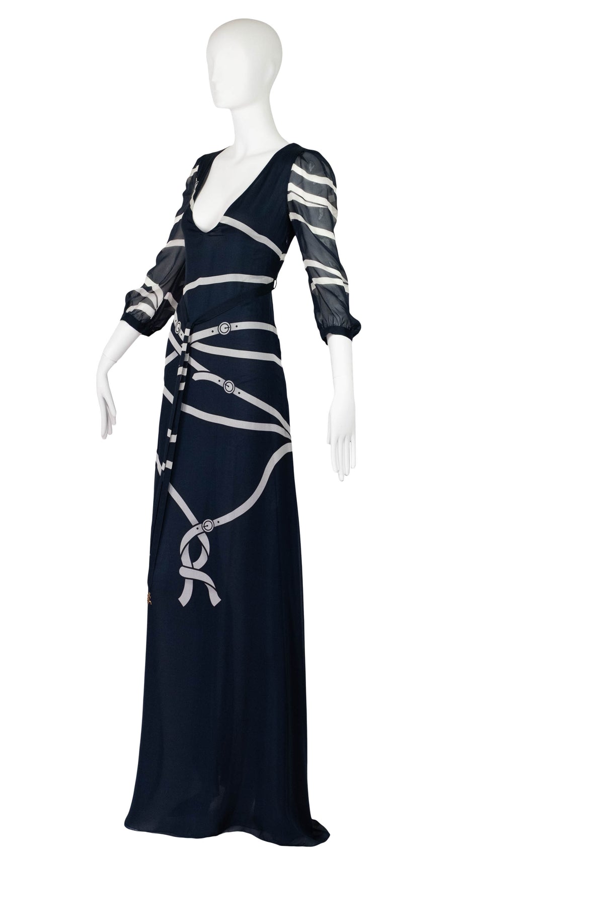 Roberta di Camerino Navy Tromp L&#39;oeil Ribbon 3/4 Sleeveless Maxi Dress 1970s Size M