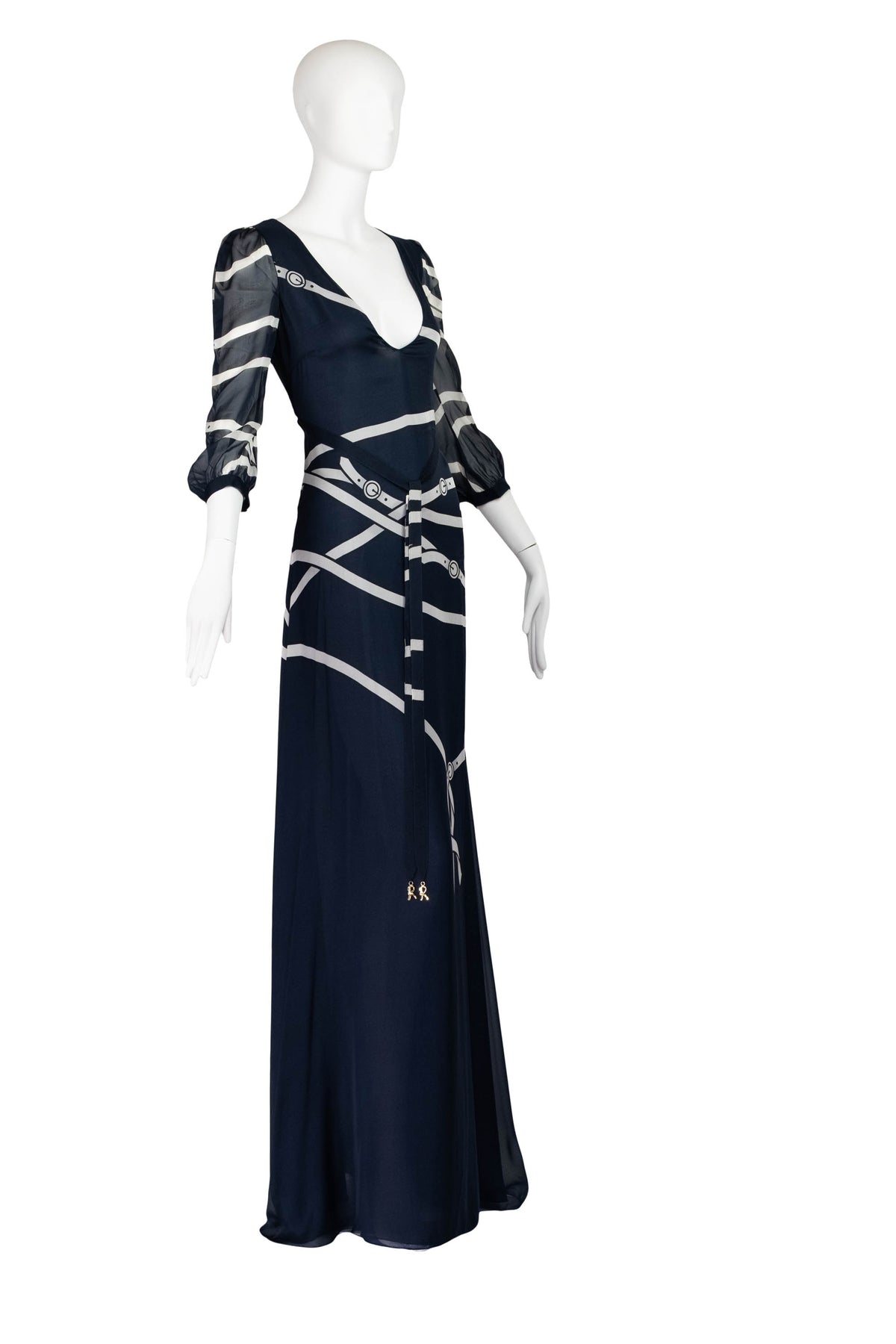 Roberta di Camerino Navy Tromp L&#39;oeil Ribbon 3/4 Sleeveless Maxi Dress 1970s Size M
