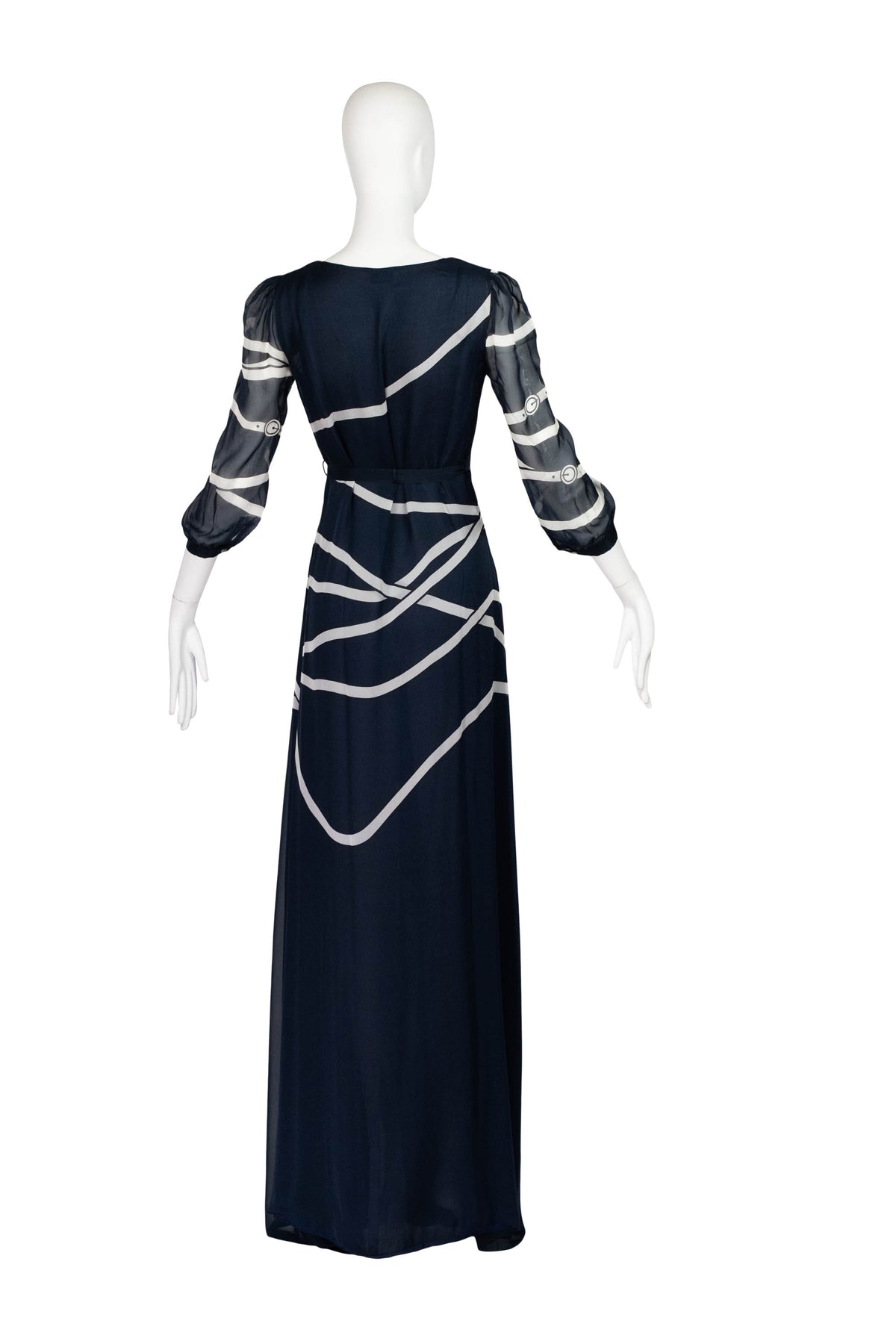 Roberta di Camerino Navy Tromp L&#39;oeil Ribbon 3/4 Sleeveless Maxi Dress 1970s Size M