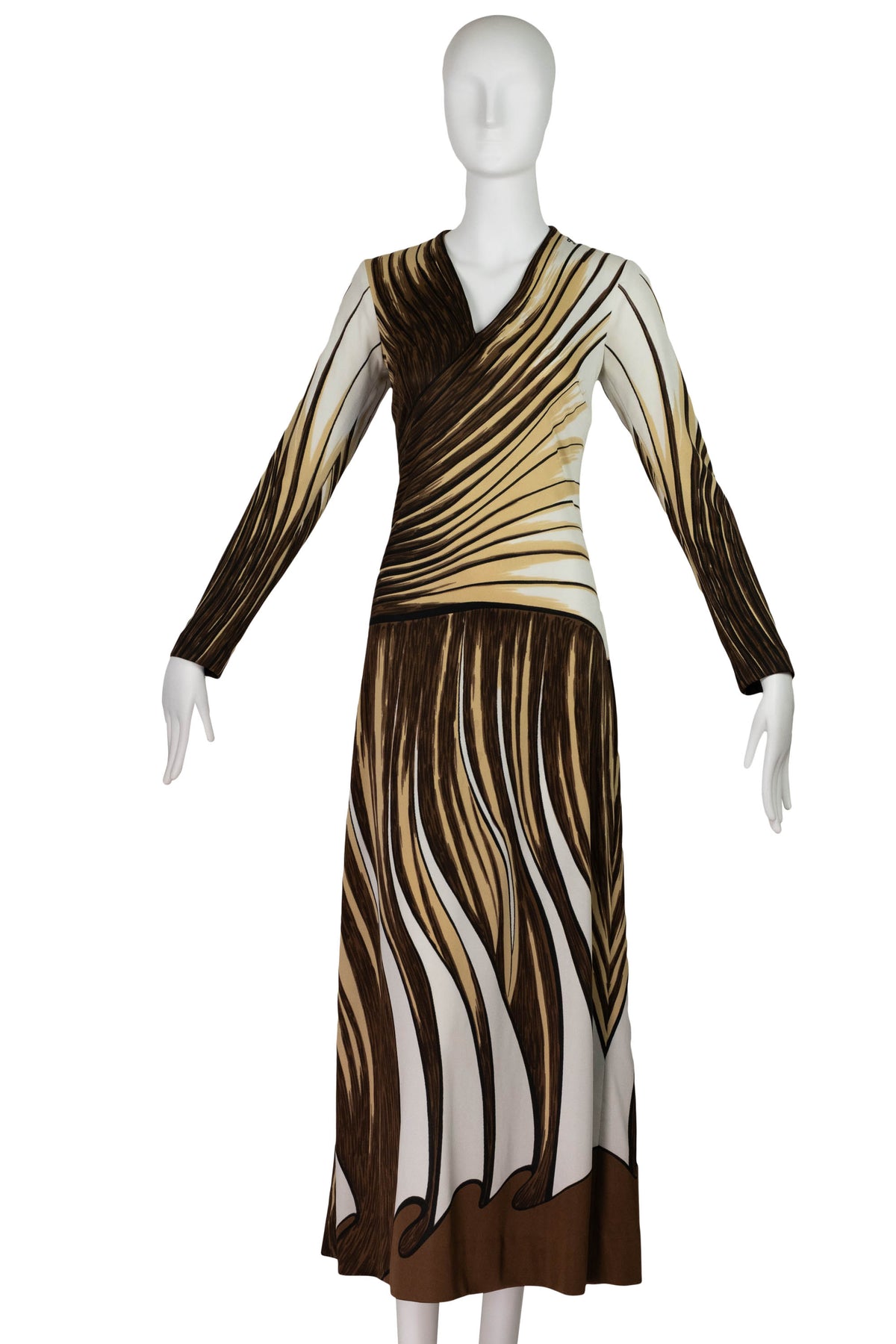 Roberta di Camerino Cream Brown Tromp L&#39;oeil Maxi Dress 1970s Size 42/6