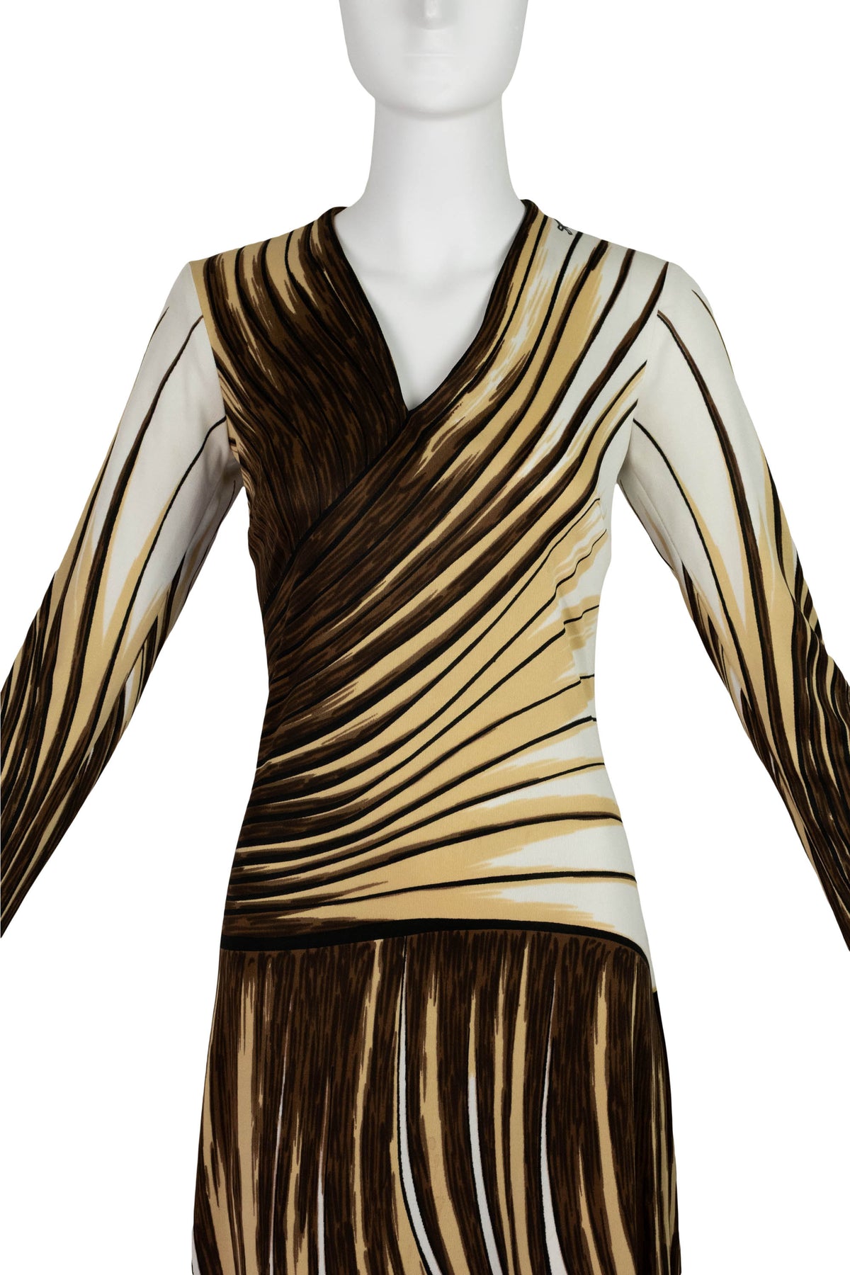Roberta di Camerino Cream Brown Tromp L&#39;oeil Maxi Dress 1970s Size 42/6