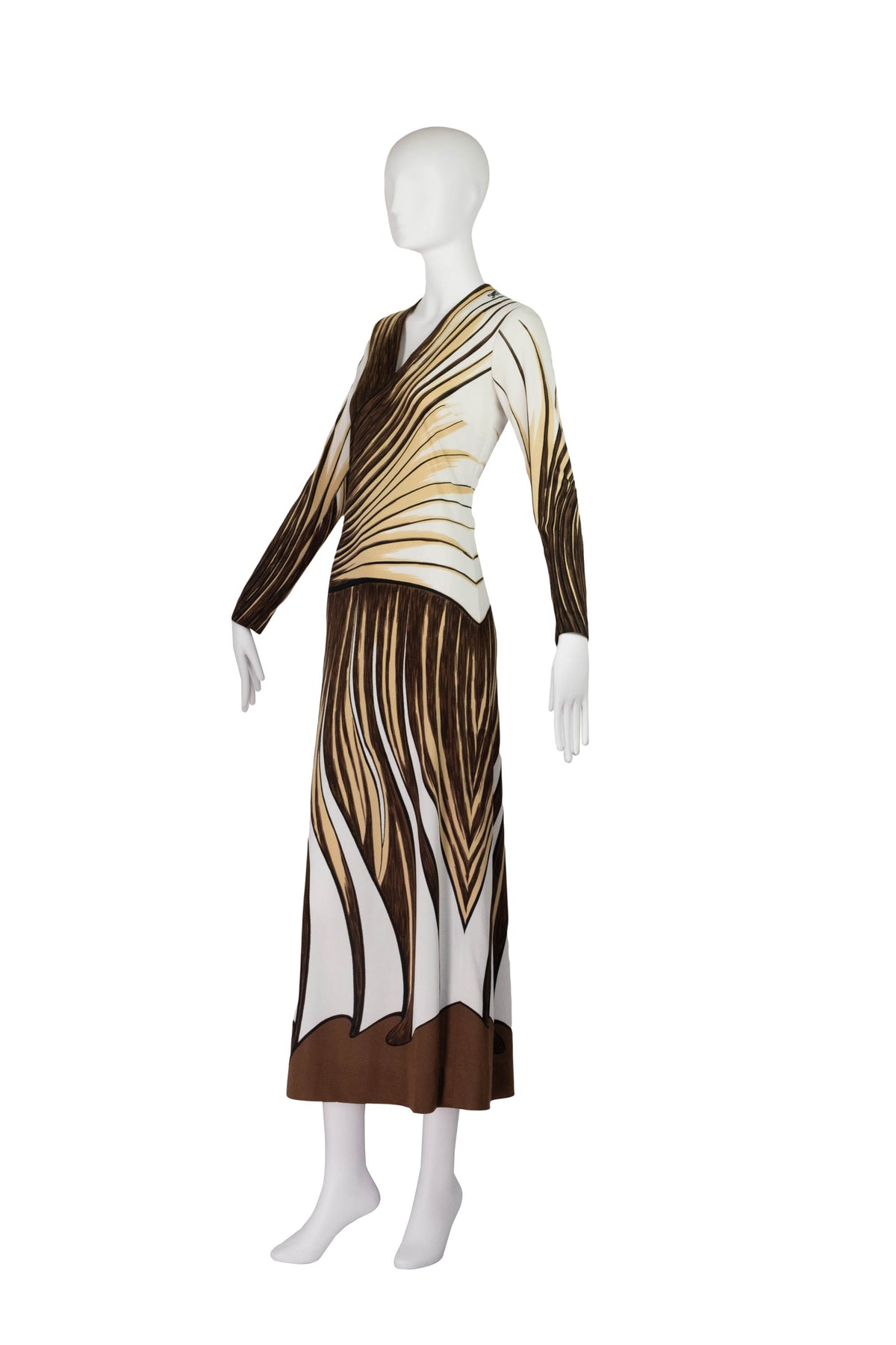 Roberta di Camerino Cream Brown Tromp L&#39;oeil Maxi Dress 1970s Size 42/6