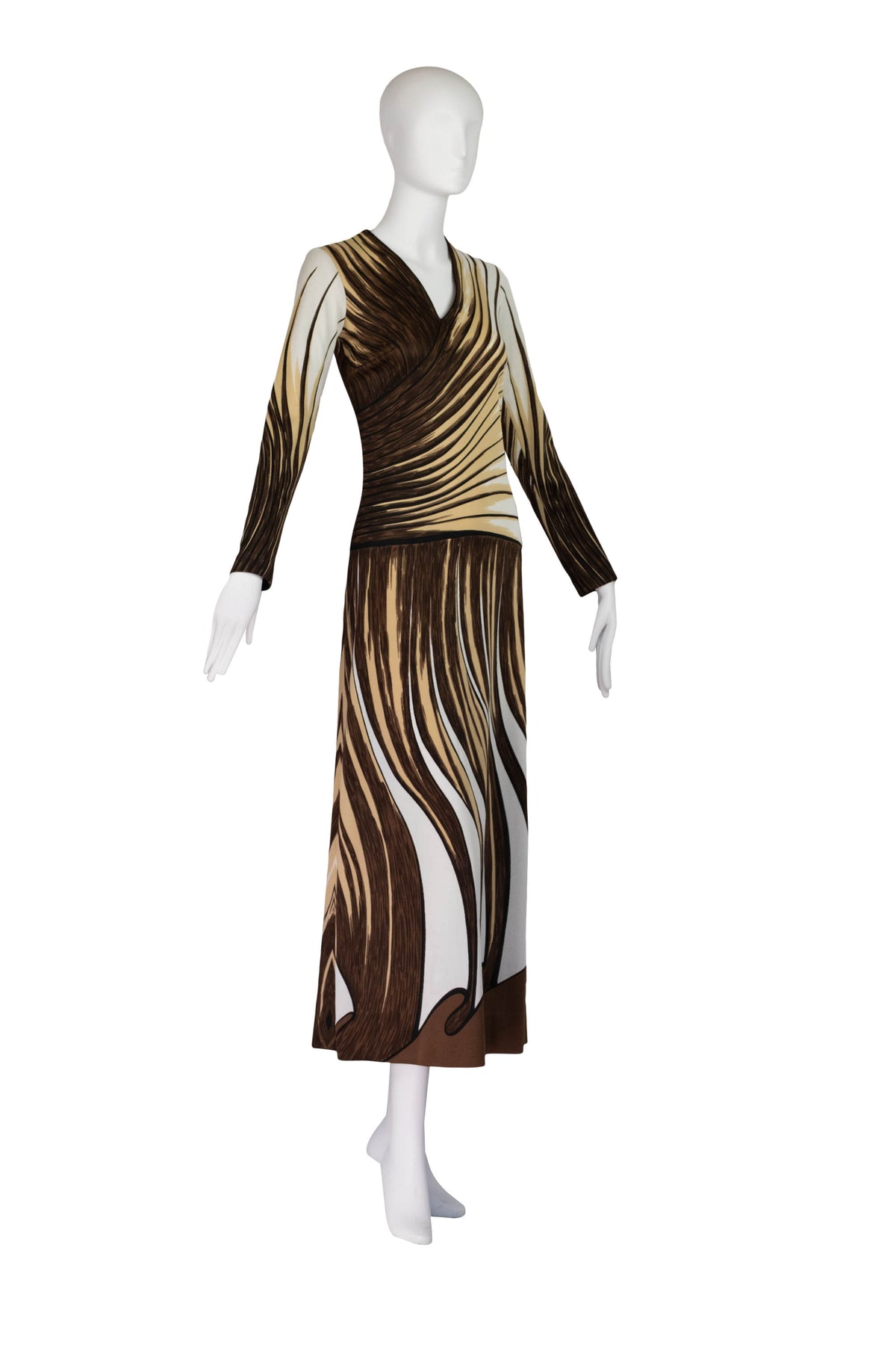 Roberta di Camerino Cream Brown Tromp L&#39;oeil Maxi Dress 1970s Size 42/6
