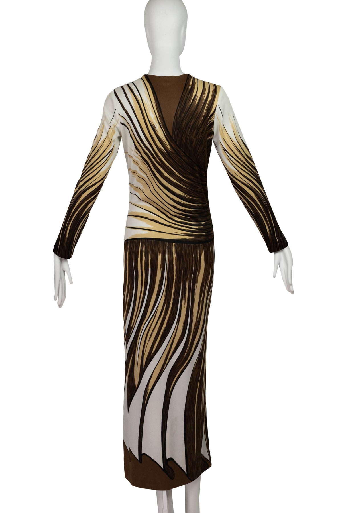 Roberta di Camerino Cream Brown Tromp L&#39;oeil Maxi Dress 1970s Size 42/6