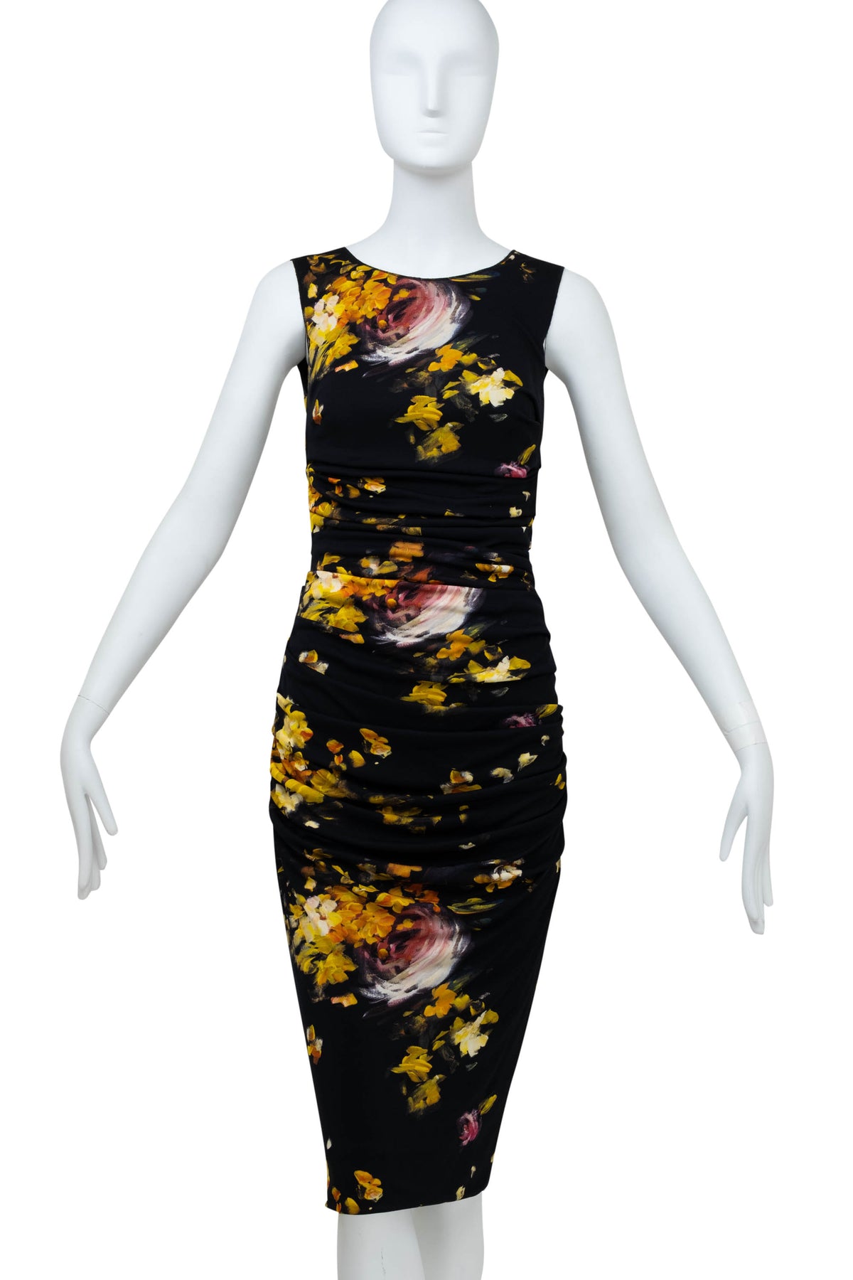 Dolce & Gabbana Black and Yellow Painted Floral Print Ruched Dress Size 38