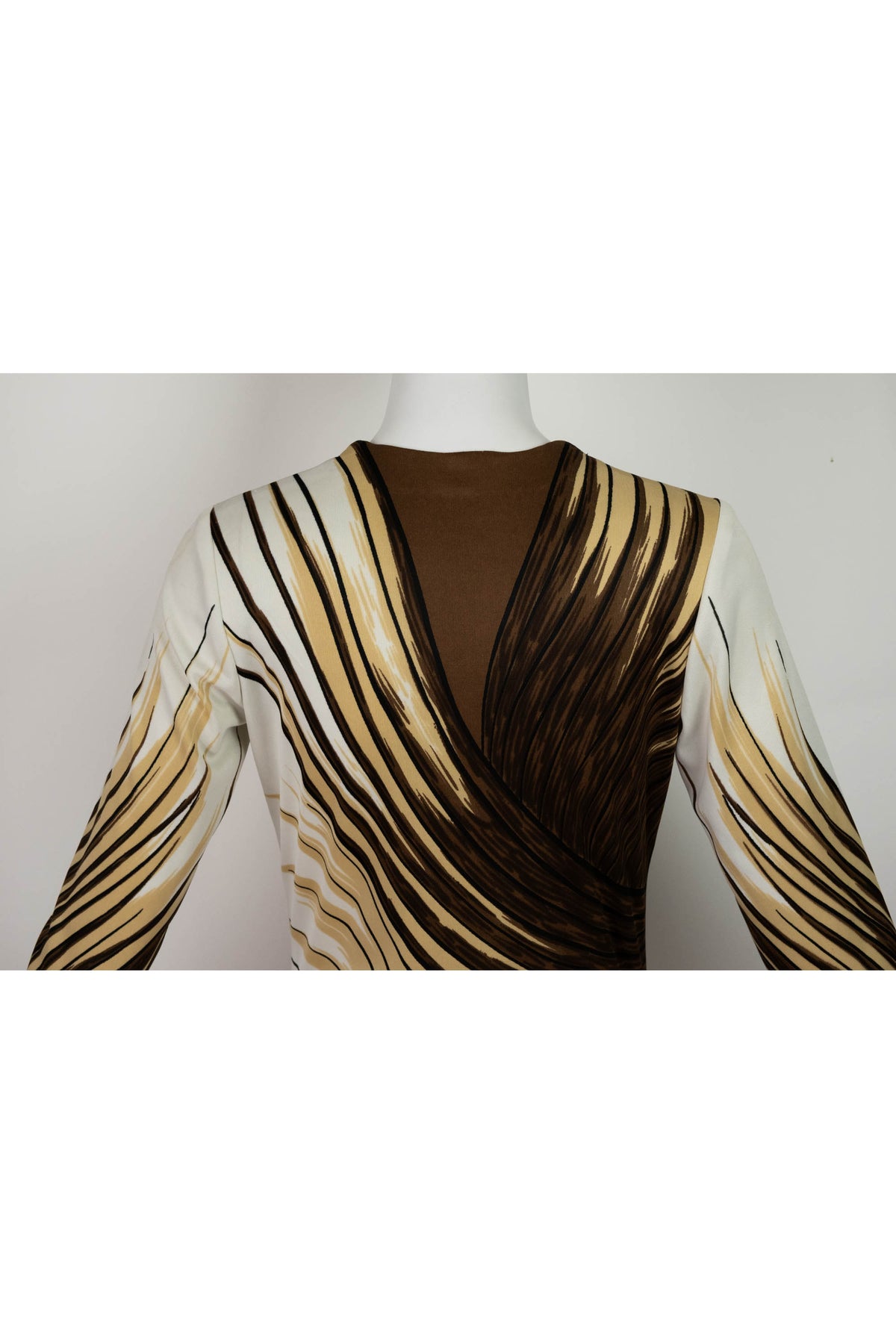 Roberta di Camerino Cream Brown Tromp L&#39;oeil Maxi Dress 1970s Size 42/6