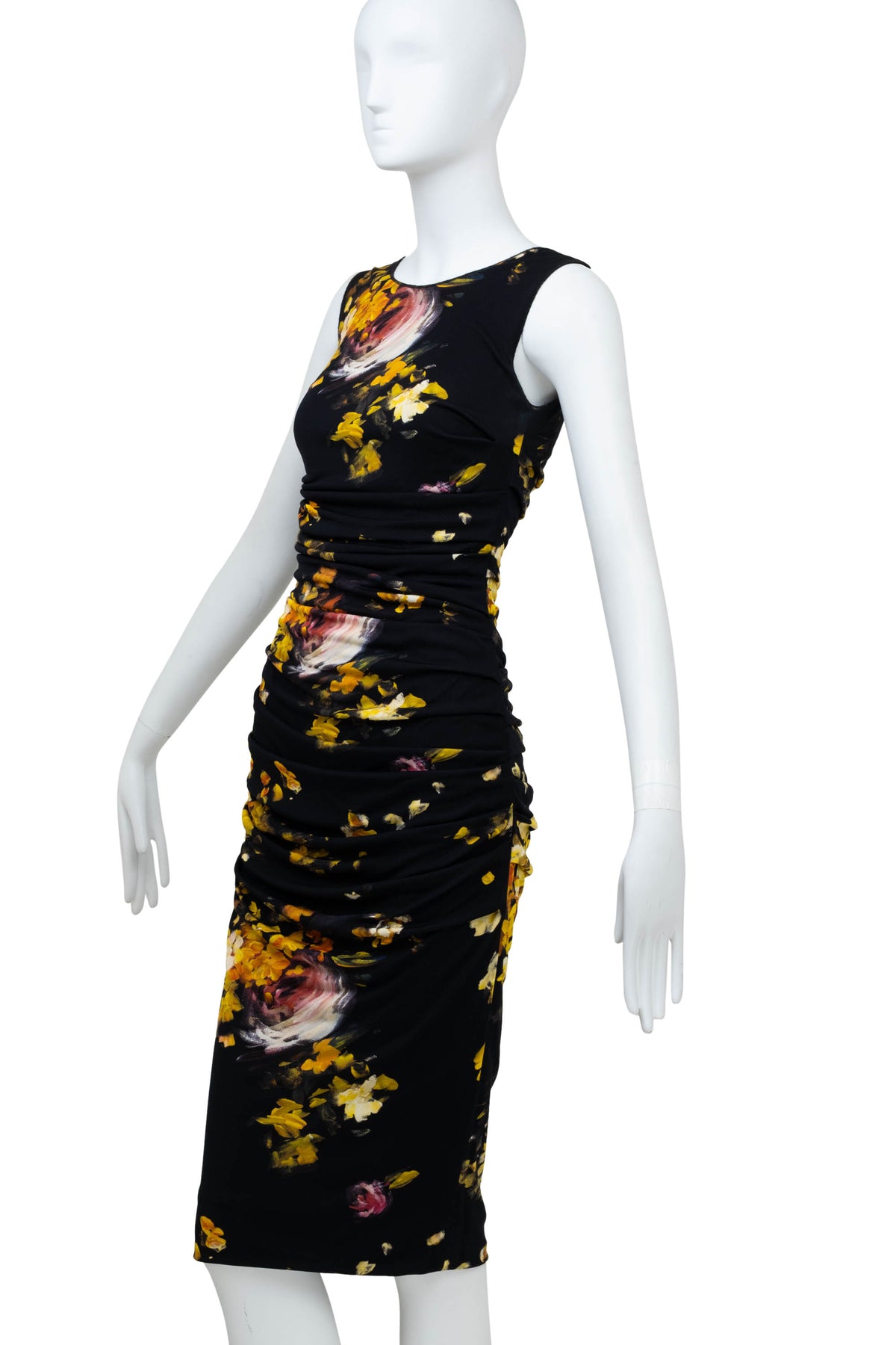Dolce & Gabbana Black and Yellow Painted Floral Print Ruched Dress Size 38