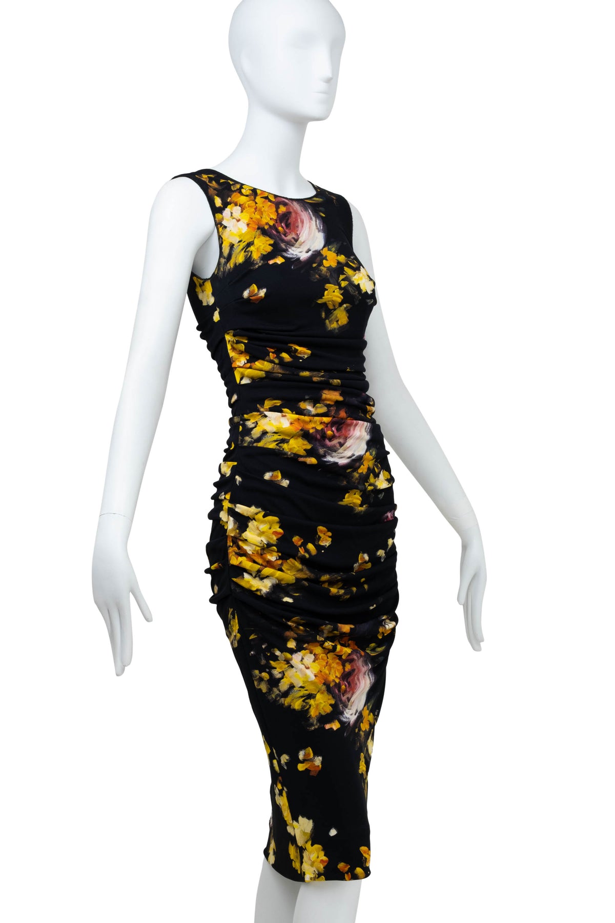 Dolce & Gabbana Black and Yellow Painted Floral Print Ruched Dress Size 38