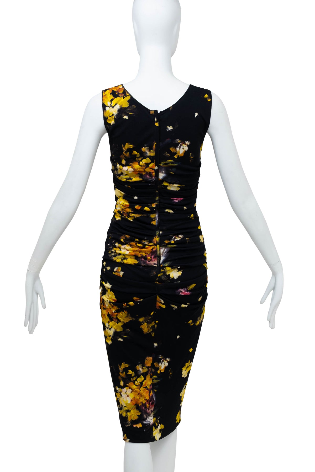 Dolce & Gabbana Black and Yellow Painted Floral Print Ruched Dress Size 38