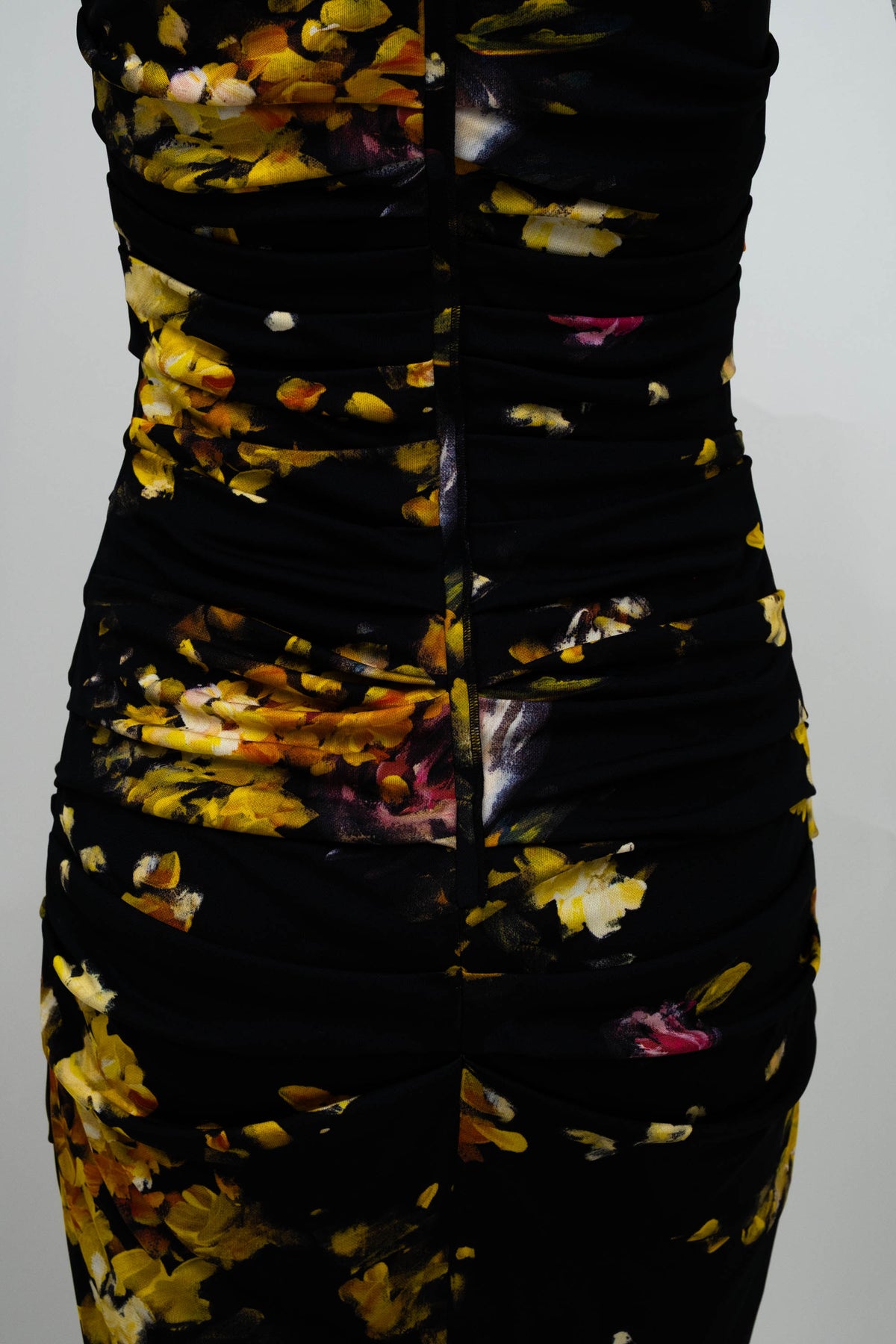 Dolce & Gabbana Black and Yellow Painted Floral Print Ruched Dress Size 38