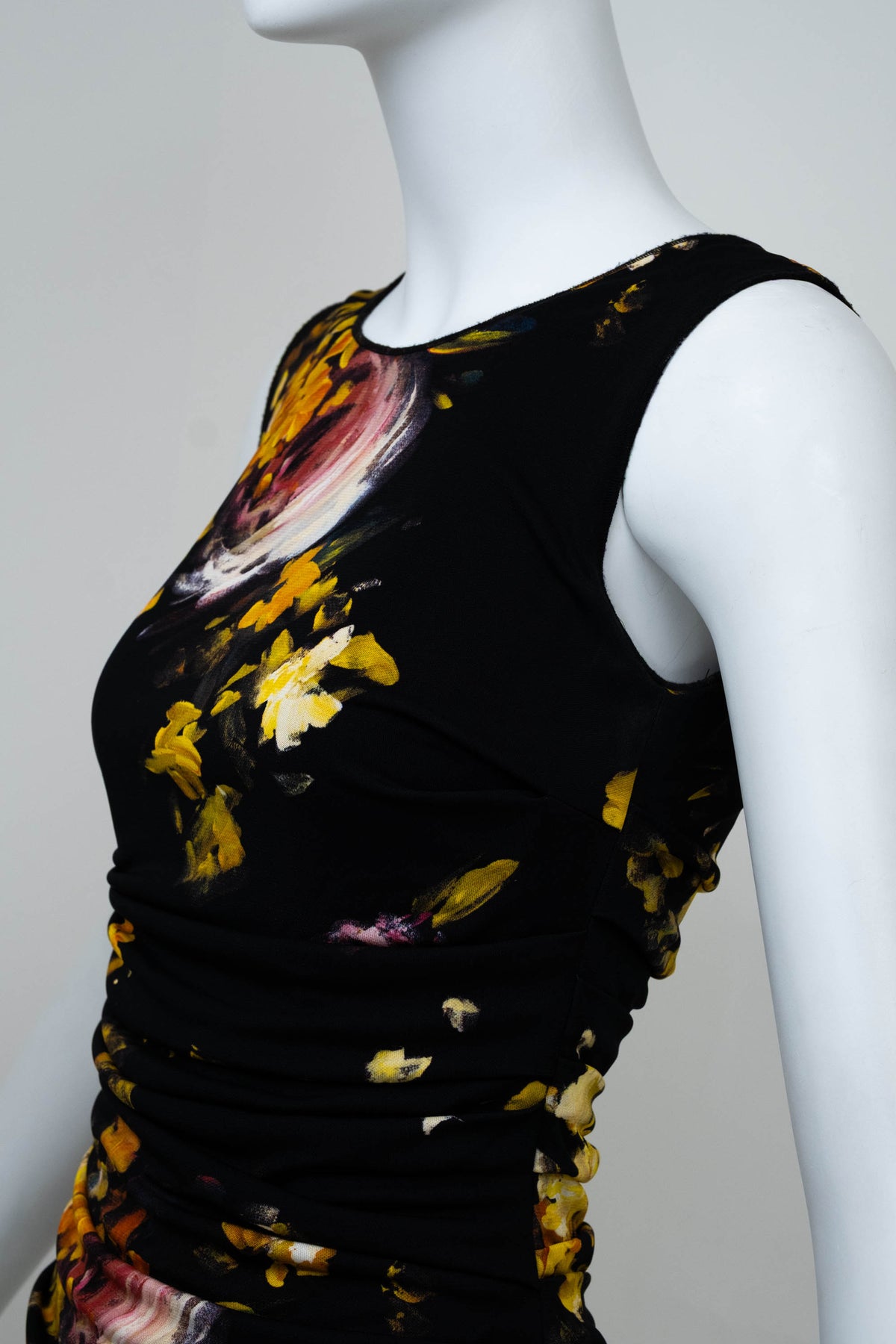 Dolce & Gabbana Black and Yellow Painted Floral Print Ruched Dress Size 38