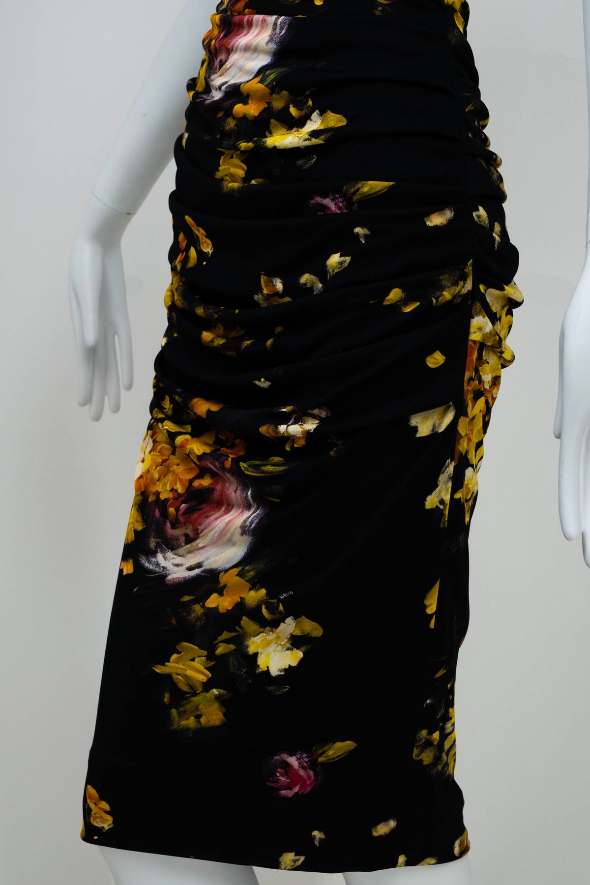 Dolce & Gabbana Black and Yellow Painted Floral Print Ruched Dress Size 38