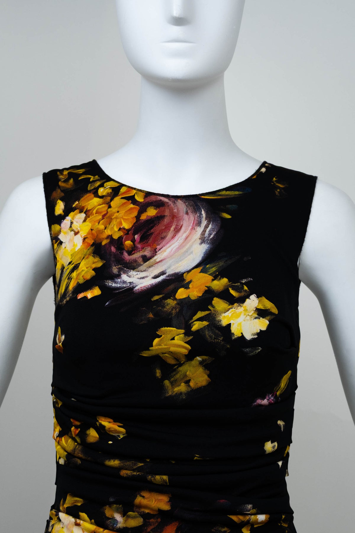 Dolce & Gabbana Black and Yellow Painted Floral Print Ruched Dress Size 38