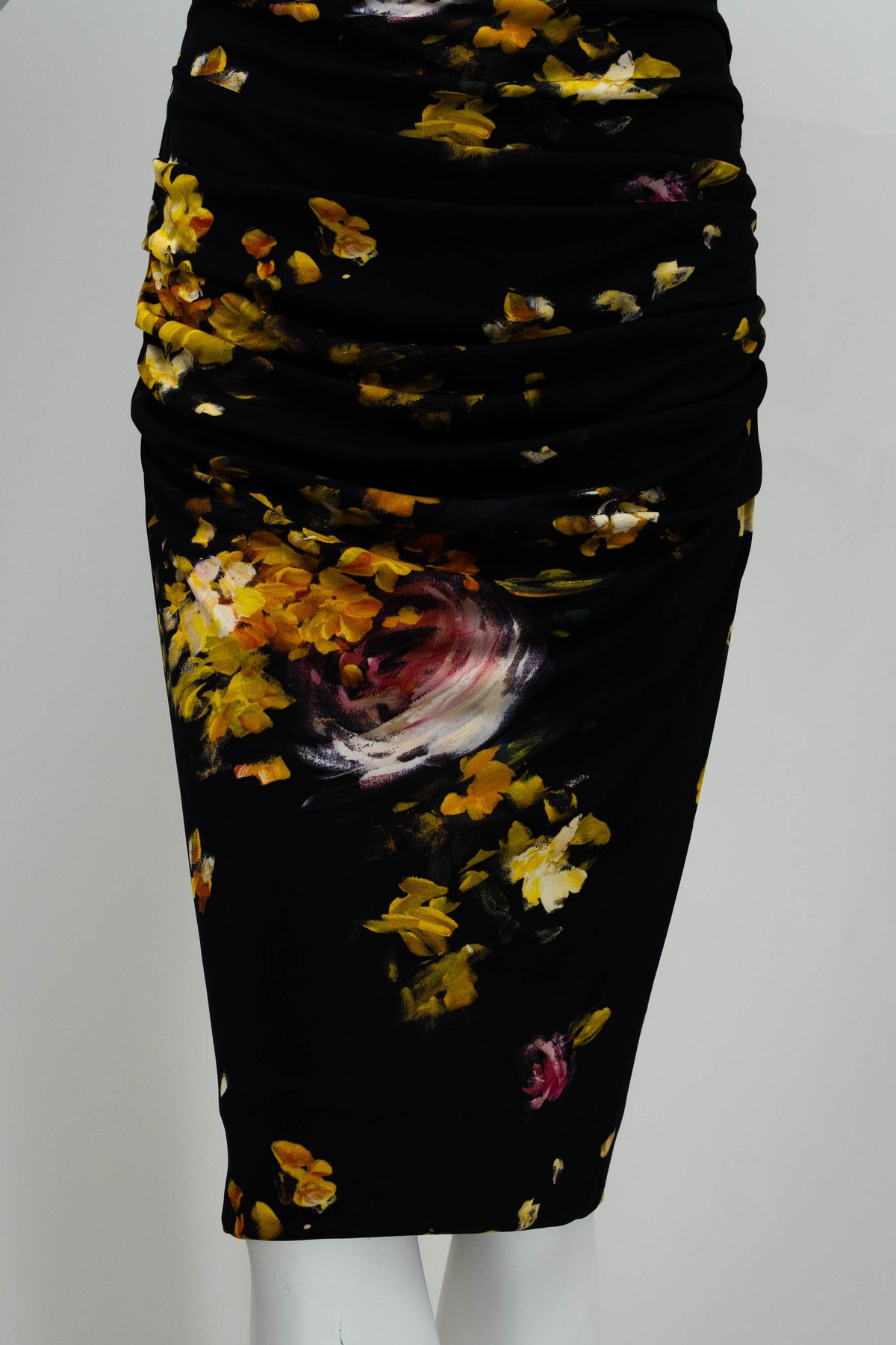 Dolce & Gabbana Black and Yellow Painted Floral Print Ruched Dress Size 38