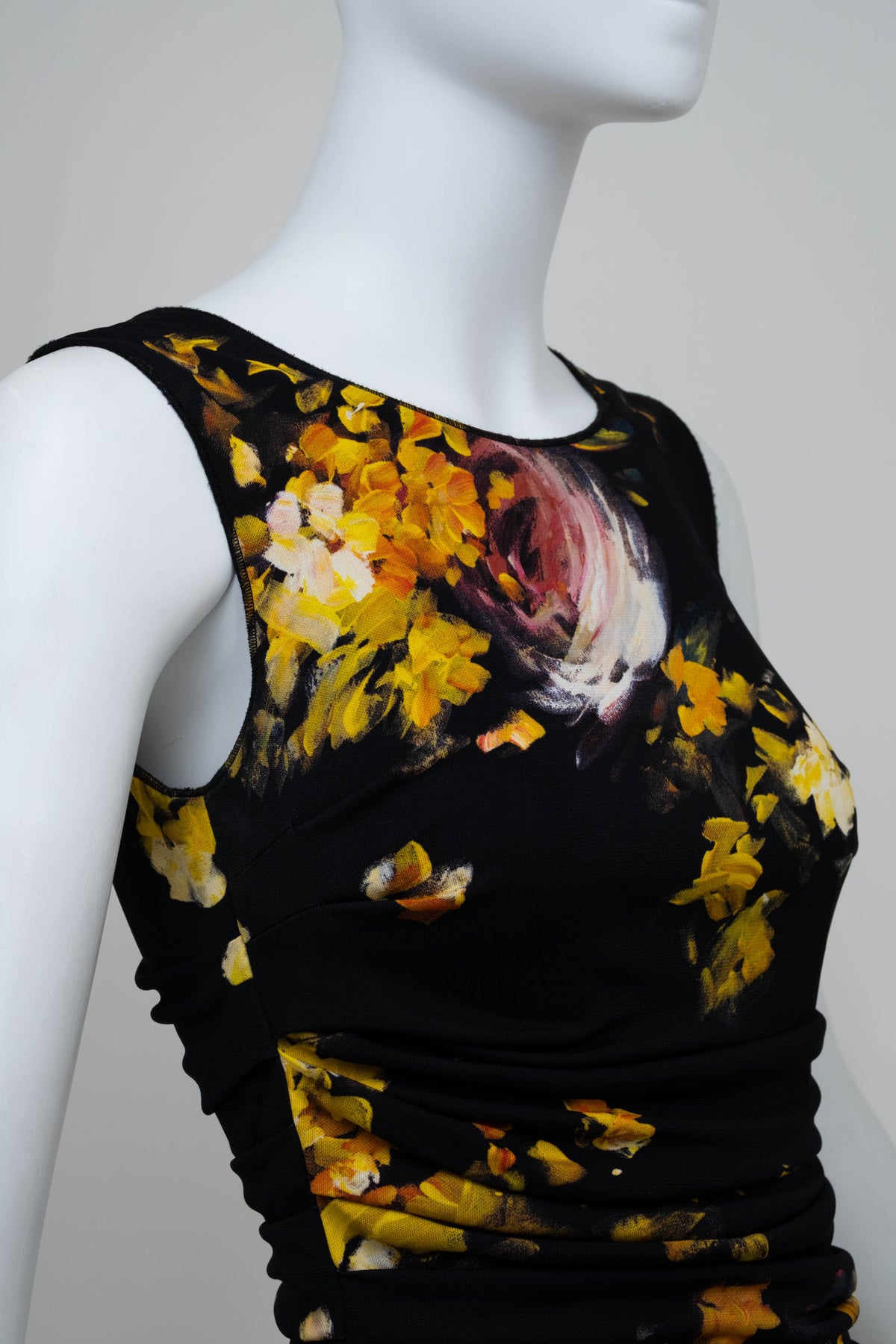 Dolce & Gabbana Black and Yellow Painted Floral Print Ruched Dress Size 38