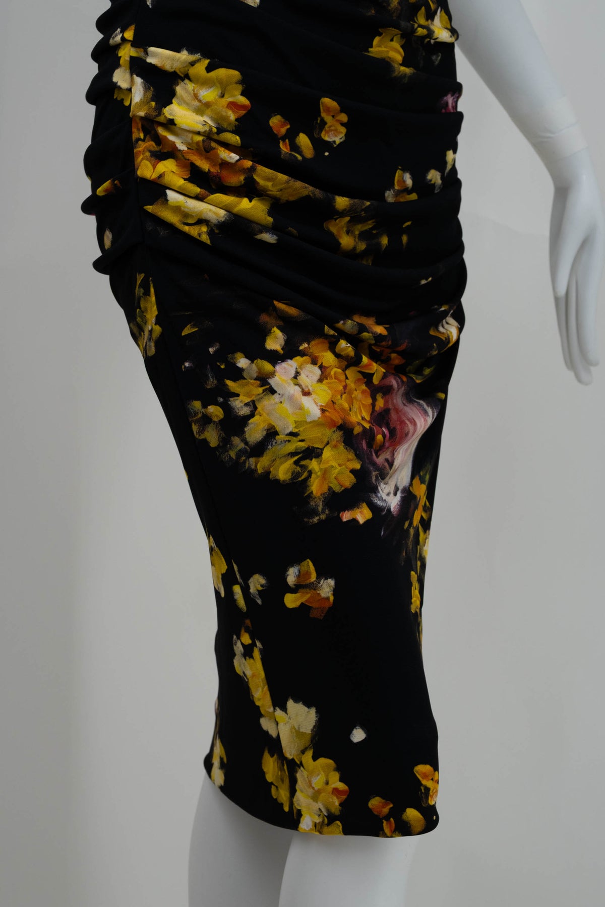 Dolce & Gabbana Black and Yellow Painted Floral Print Ruched Dress Size 38