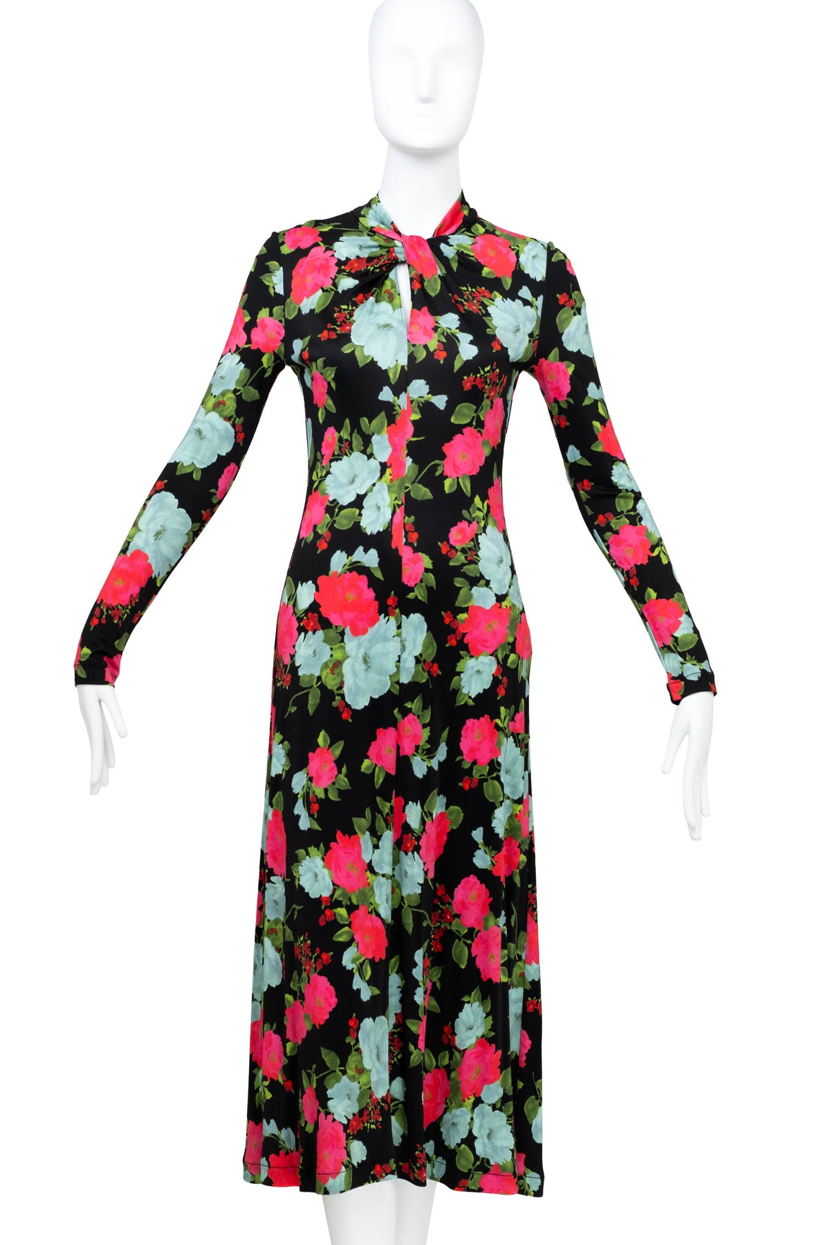 Erdem Black and Aqua Floral Print Long Sleeve Midi Dress Size 40/4