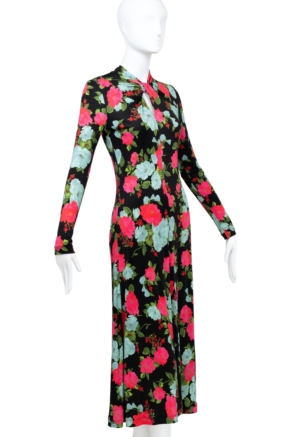 Erdem Black and Aqua Floral Print Long Sleeve Midi Dress Size 40/4