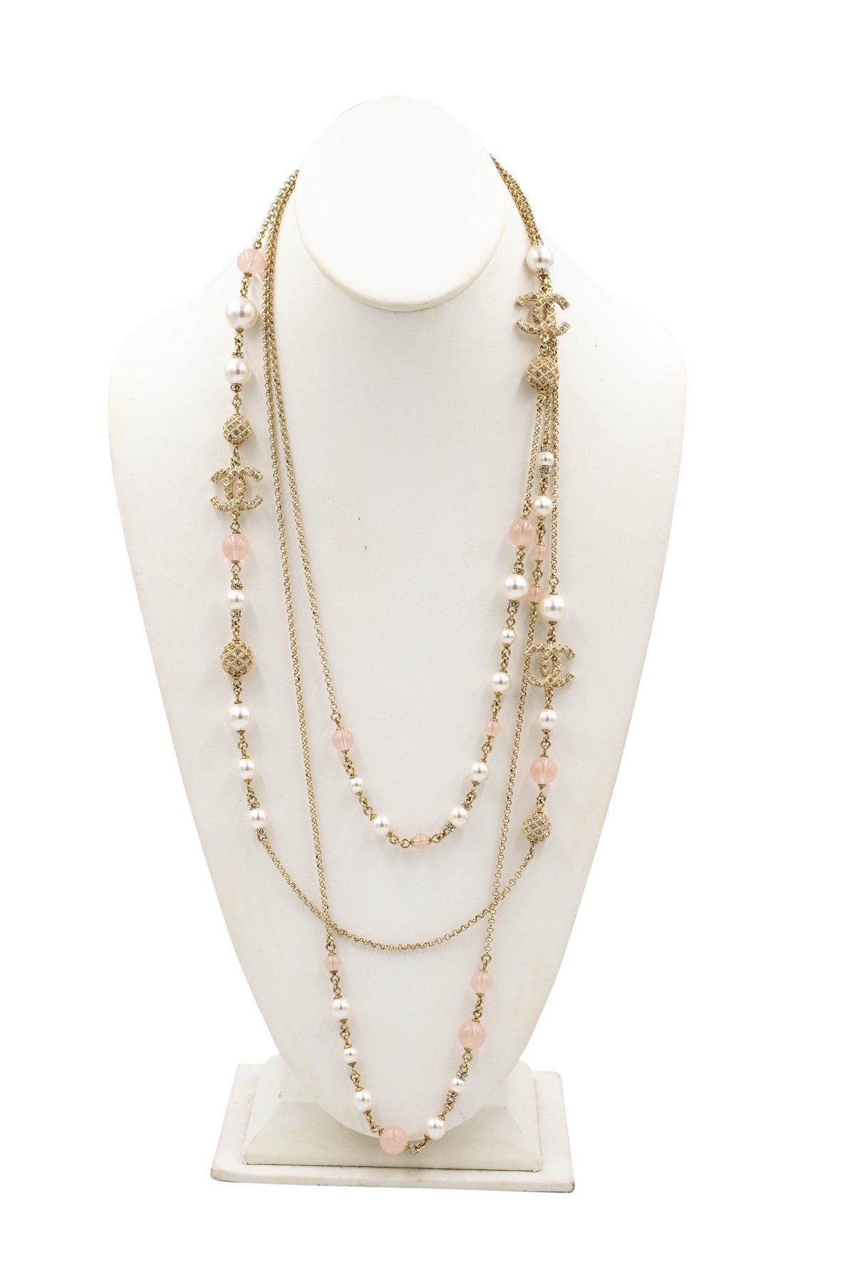 Chanel Three Strand Quilted Gold Tone Sautoir Gripoix and Strass Pearl Necklace