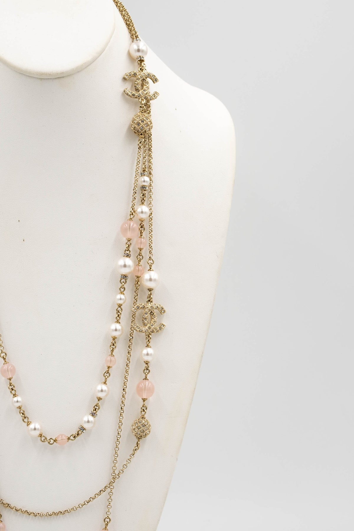 Chanel Three Strand Quilted Gold Tone Sautoir Gripoix and Strass Pearl Necklace