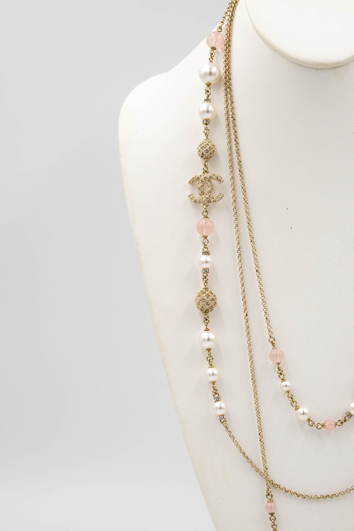 Chanel Three Strand Quilted Gold Tone Sautoir Gripoix and Strass Pearl Necklace