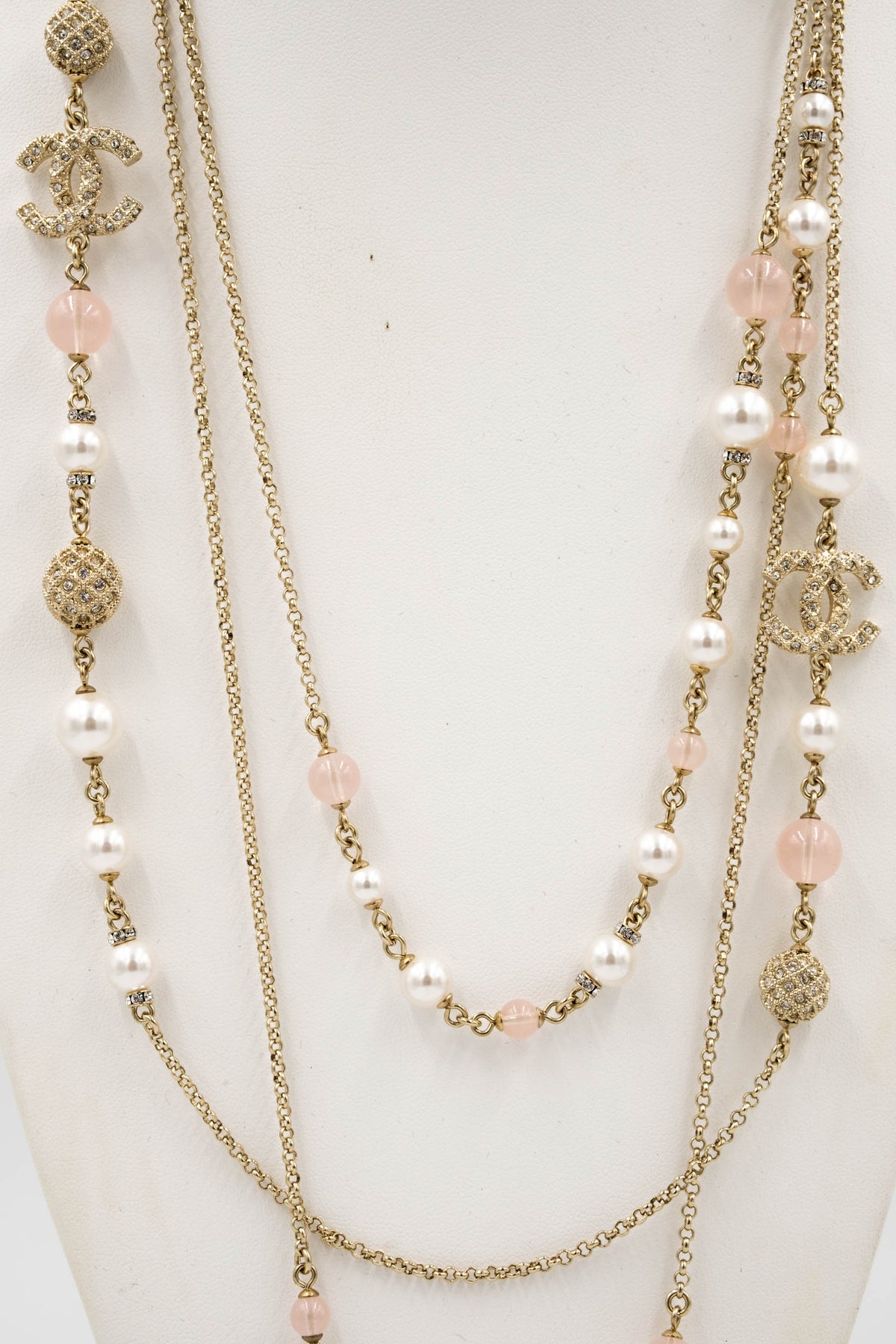 Chanel Three Strand Quilted Gold Tone Sautoir Gripoix and Strass Pearl Necklace