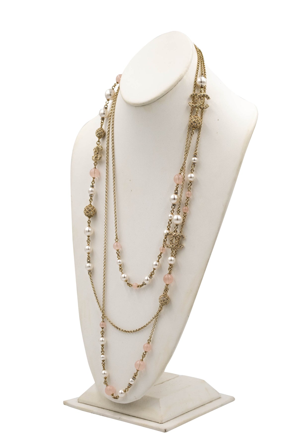 Chanel Three Strand Quilted Gold Tone Sautoir Gripoix and Strass Pearl Necklace