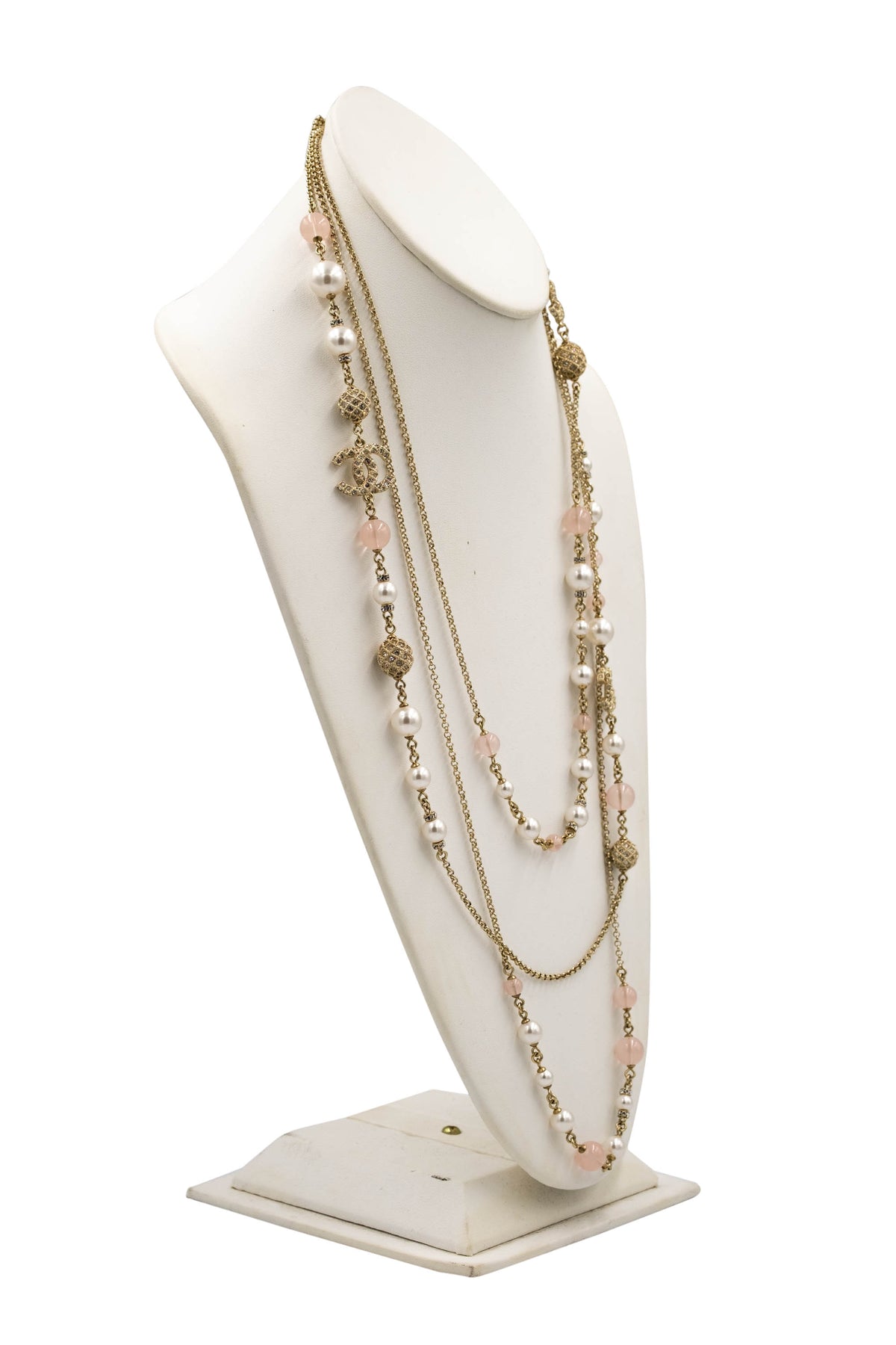 Chanel Three Strand Quilted Gold Tone Sautoir Gripoix and Strass Pearl Necklace
