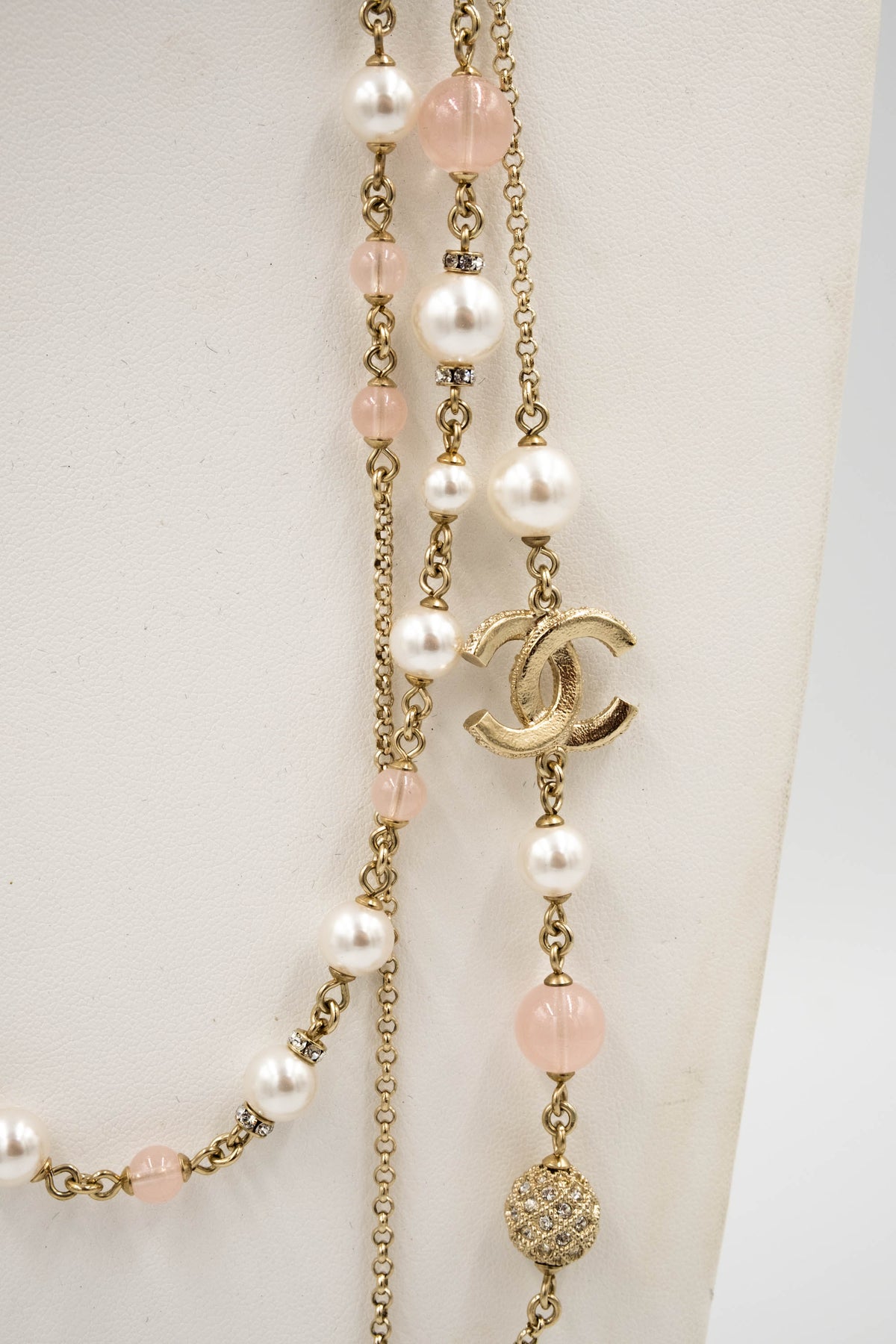 Chanel Three Strand Quilted Gold Tone Sautoir Gripoix and Strass Pearl Necklace