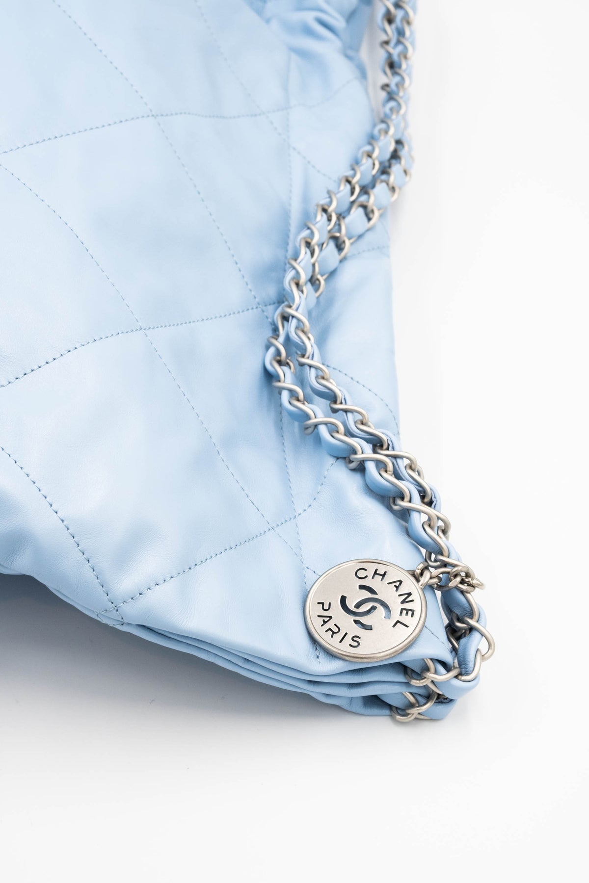 Chanel Sky Blue Quilted 22 Hobo Tote Purse