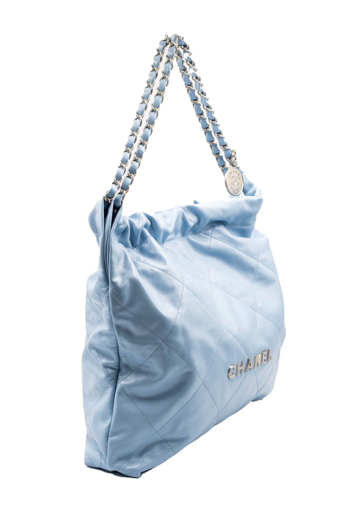 Chanel Sky Blue Quilted 22 Hobo Tote Purse