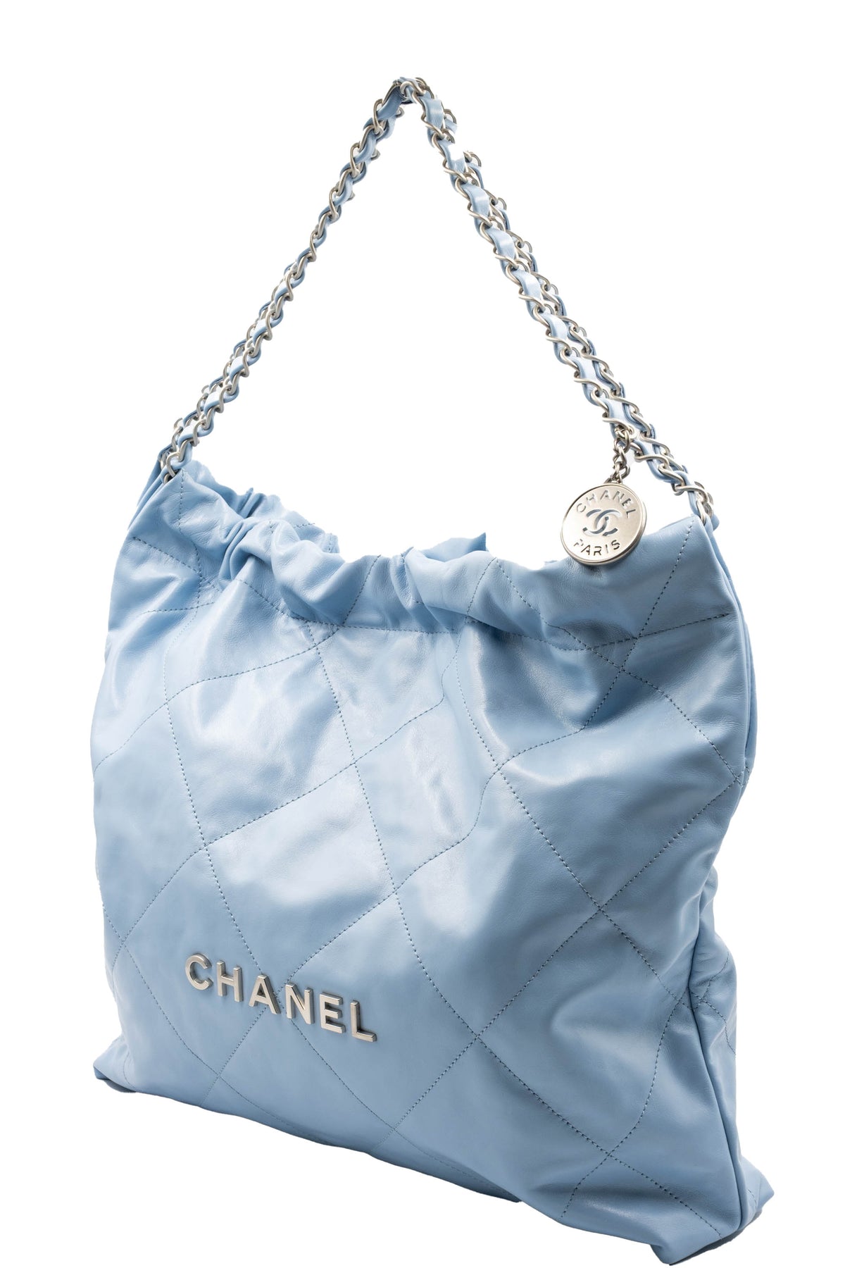 Chanel Sky Blue Quilted 22 Hobo Tote Purse