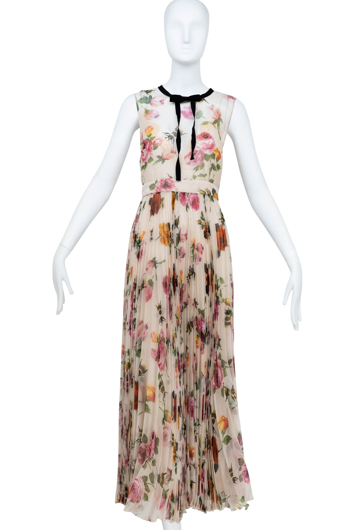 Gucci Cream Chiffon Floral Print Pleated Skirt Maxi Dress 2016 Size 42/6