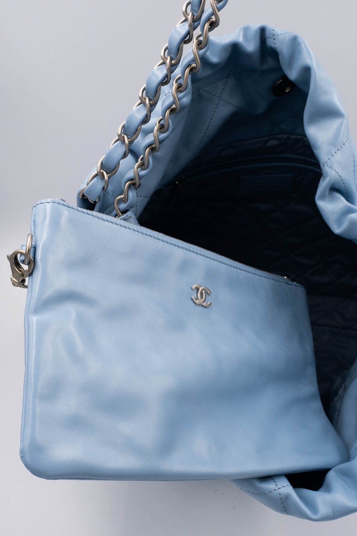 Chanel Sky Blue Quilted 22 Hobo Tote Purse